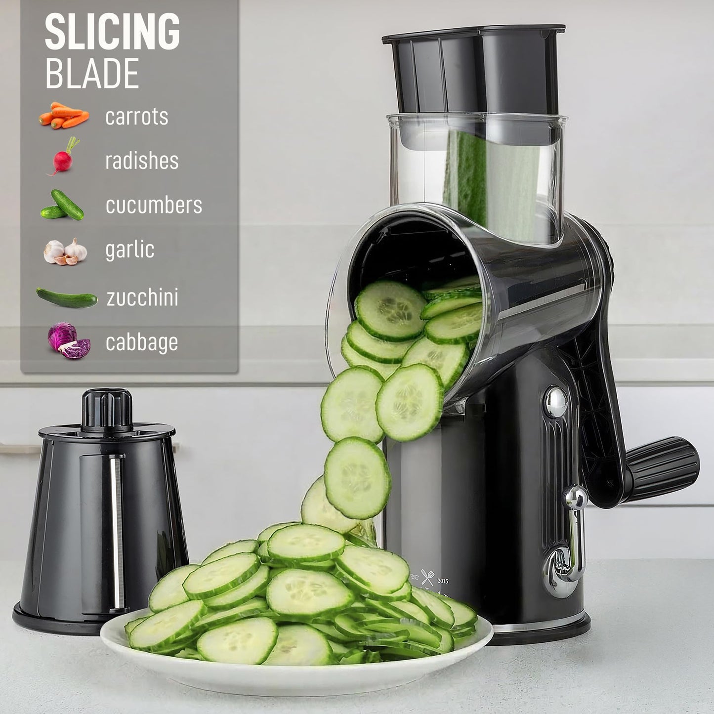 Zulay Kitchen Rotary Cheese Grater 5 Blade Cheese Shredder - Manual Hand Crank Cheese Grater With Reinforced Suction & 5 Interchangeable Drums - Easy to Use, Vegetable Chopper Round Mandoline Slicer