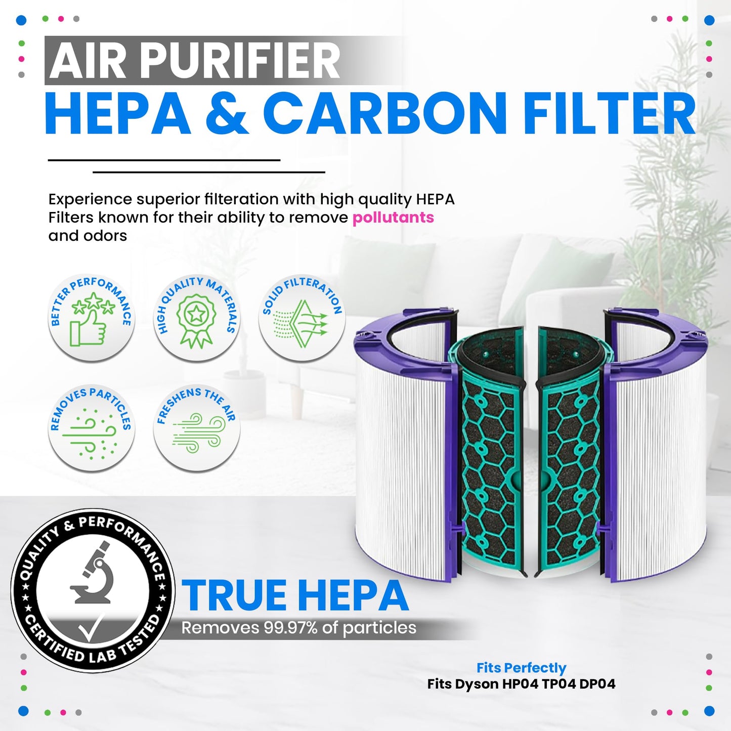 Bagean 360 Combi Glass HEPA Filters Compatible with Dyson Air Purifier Filter HP04 TP04 Pure Cool Hot Fan Dyson Filter Replacement - H13 True HEPA and Activated Carbon Purifies 99.97% Particles