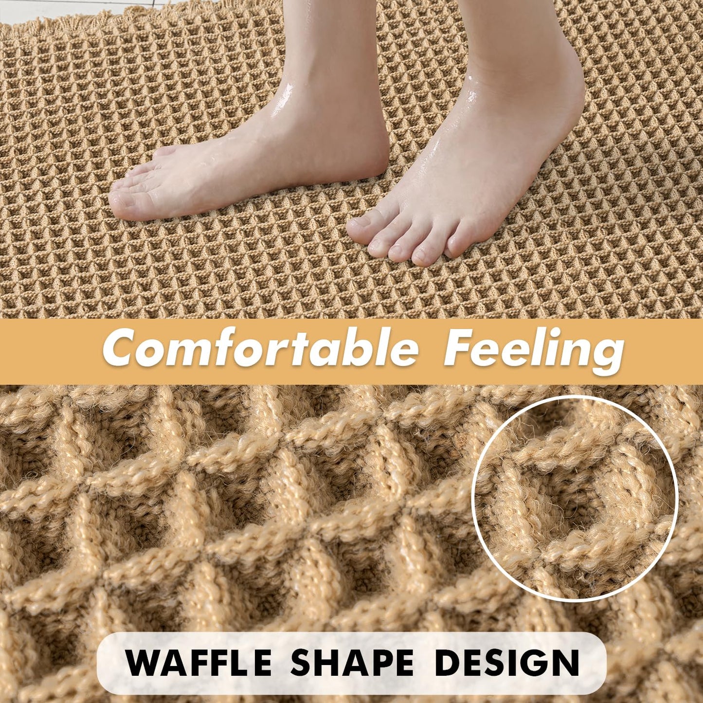MIULEE Set of 2 Waffle Bathroom Rugs, Boho Bath Rugs Non Slip Washable, Super Absorbent Bath Mats, Ultra Soft Rubber Backed Shower Mats for Bathroom Floor, Tub and Shower, Brown, 24x36 Inch