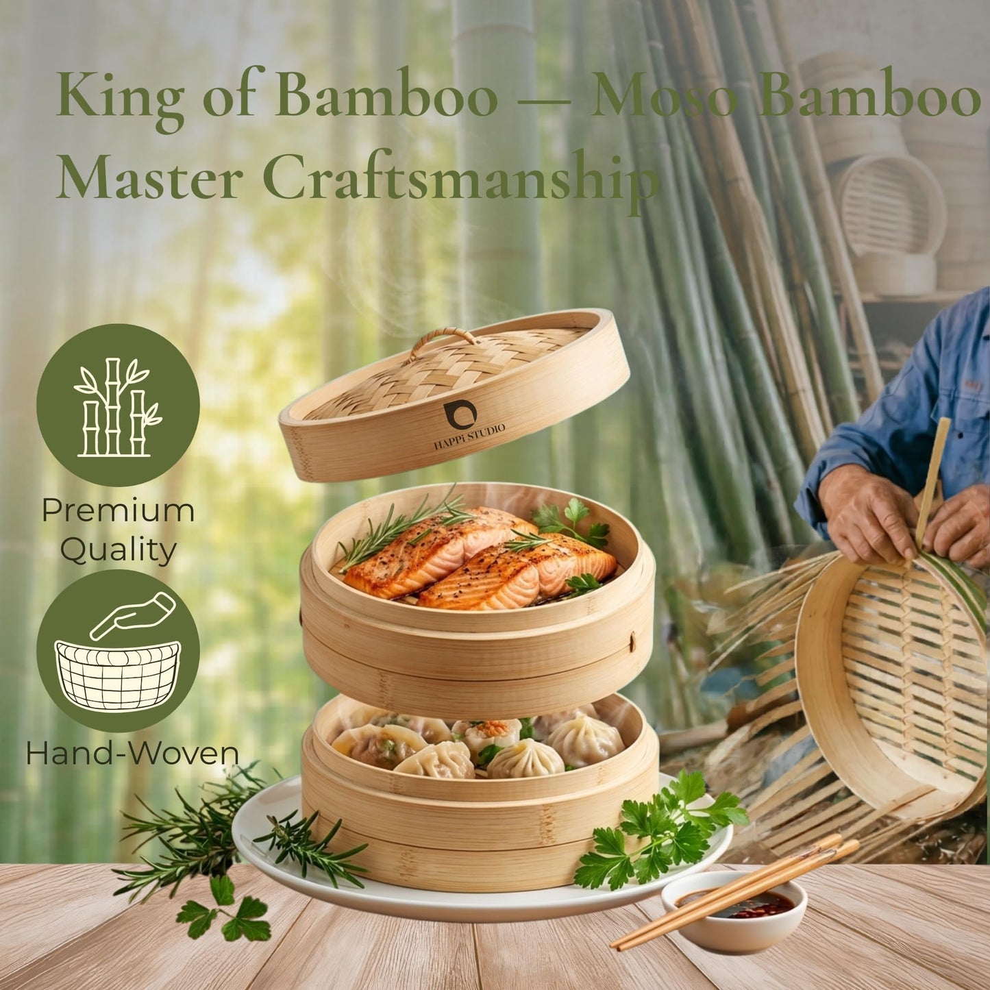 HAPPI STUDIO Bamboo Steamer Basket Set - 10 Inch Large Dumpling 2 Tier for Pots - Asian Cooking Dim Sum Bao Buns Momo Rice - Natural Chinese Steam Baskets Kit with Stainless Steel Ring (10-inch Extra Deep Bamboo Steamer w/ Ring)