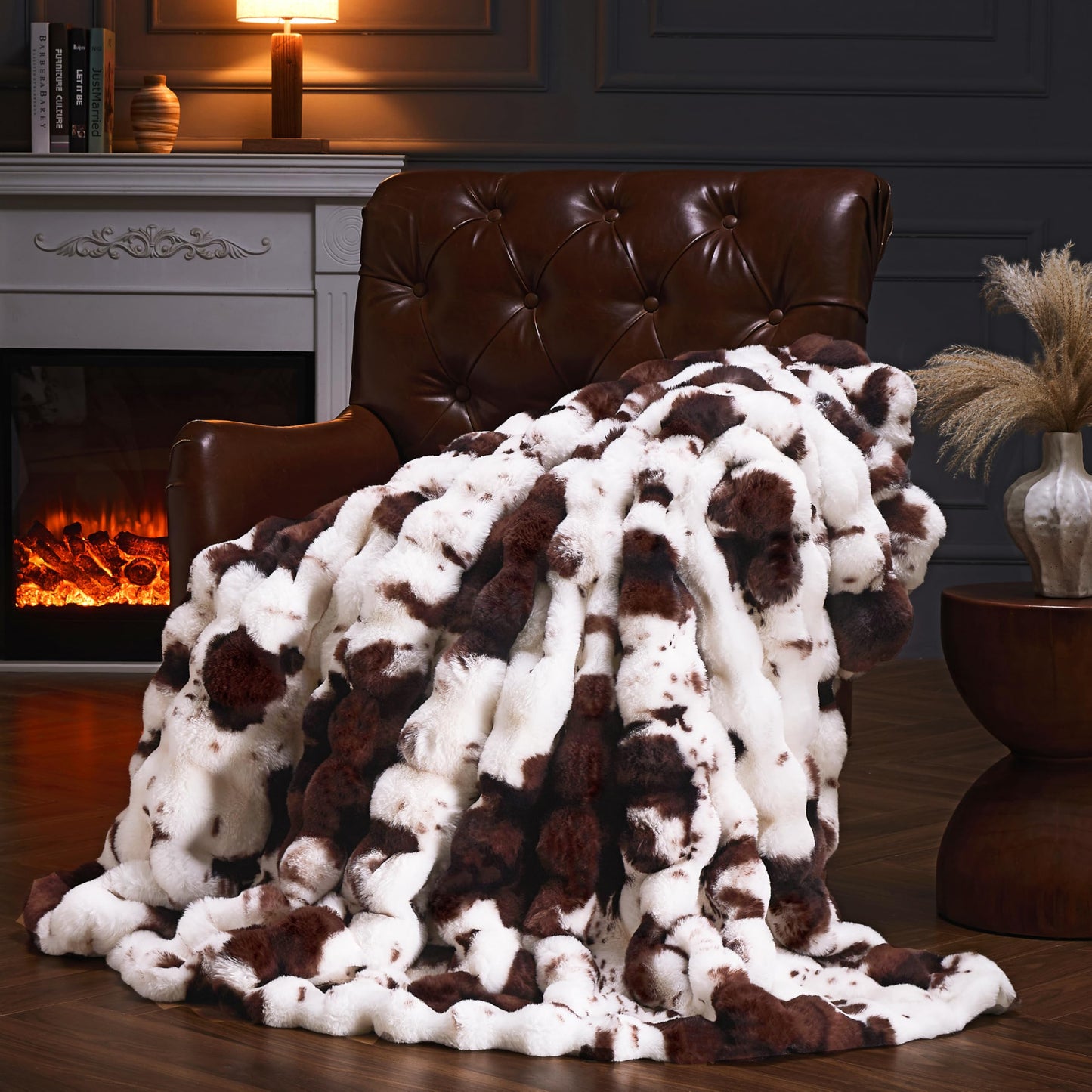 PLUUSHUU Faux Fur Throw Blanket for Couch, Fluffy Fuzzy Plush Bubble Blanket, Soft Warm Cozy Shaggy Rabbit Blanket, Luxury Decorative Gifts for Sofa Bedroom Living Room, 60x50inch (Cow Print-Brown)