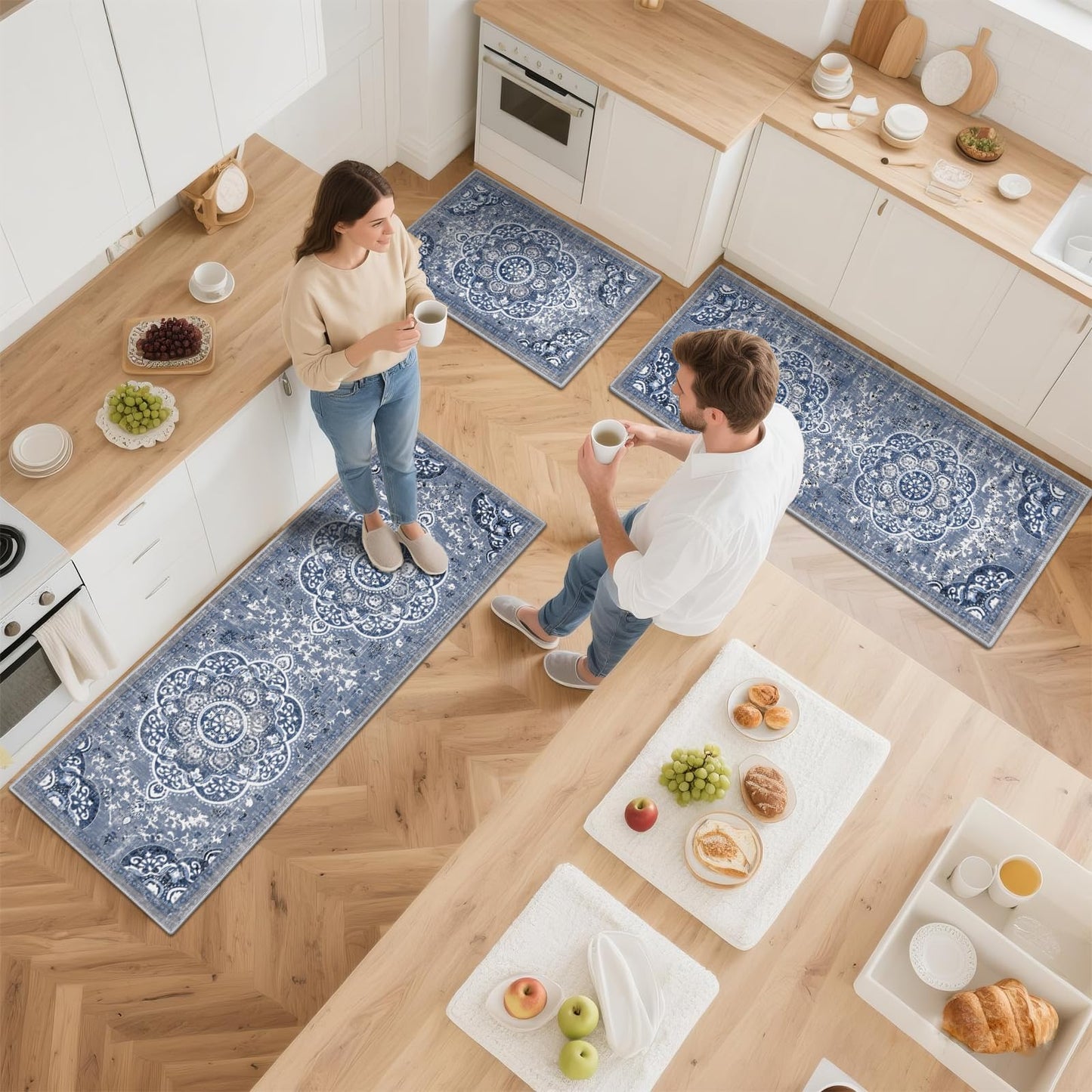 Ileading Boho Kitchen Rugs Sets 3 Piece with Runner Floral Kitchen Floor Mat Carpet Farmhouse Kitchen Rugs and Mats Non Skid Washable Runner Rug for Kitchen Floor Office Sink Laundry, Blue