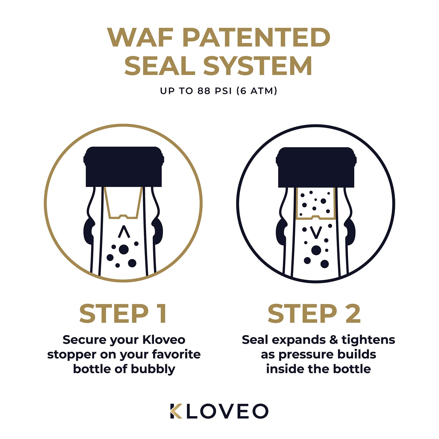 Champagne Stoppers by Kloveo - Patented Seal - Made in Italy - Professional Grade WAF Champagne Bottle Stopper - Prosecco, Cava, and Sparkling Wine Stopper - Chrome, 2-Pack