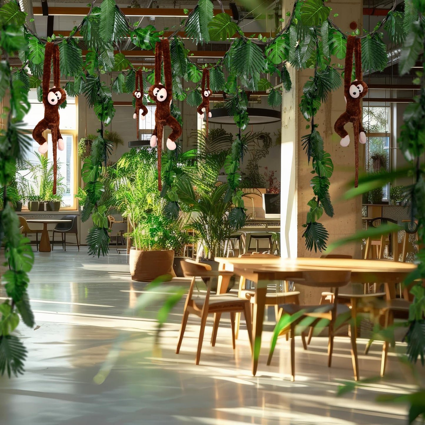 Suncalla 90 Pcs Jungle Theme Decoration Tropical Rainforest Safari Party Decor 4 Hanging Monkey Stuffed 14.4 ft Pothos Vines 20ft Artificial Rattan 60 Palm Leaf Set for Birthday Classroom Party (20ft)