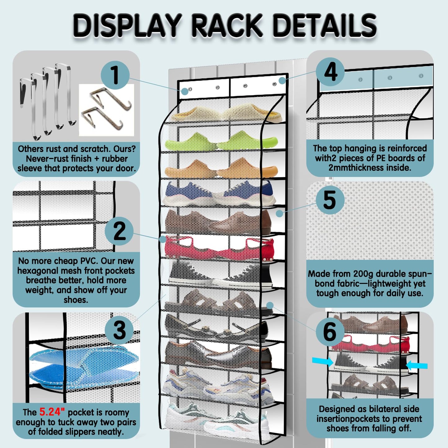 Kotkn Over The Door Shoe Organizer with 12 Large Breathable Pockets - Durable Hanging Storage for the Entire Family's Shoes (White)