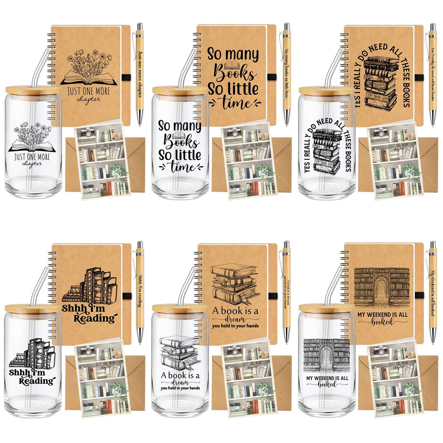 AmazingSpark 6 Sets Book Lovers Gift Bulk Book Club 16 oz Glass Cup Spiral Journal Notebook Bamboo Pen Card Envelope for Bookish Reader Teacher Student Librarian Graduation Appreciation Gift (Classic)
