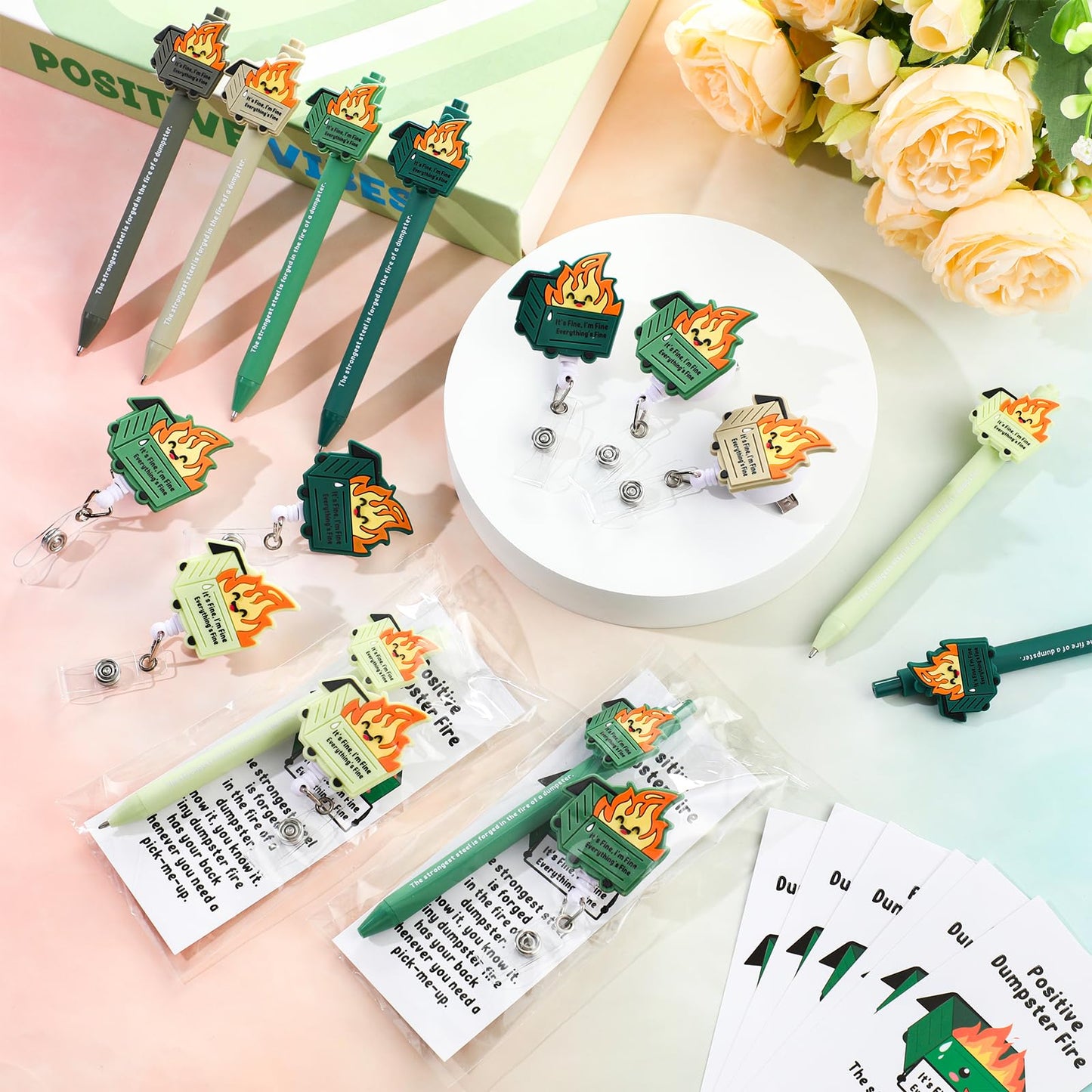 48 Sets Dumpster Fire CNA Week Gifts Dumpster Fire Badge Reel and Pens Bookmark Funny EMS Gifts Retractable Badge Holder for Graduation Response Team Office Nurse Teacher Employee Coworker