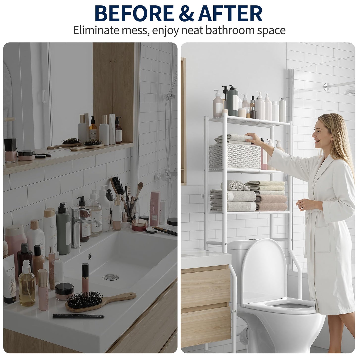 GloTika 3-Tier Over Toilet Storage Rack, Metal Over Toilet Bathroom Organizer Shelf, Freestanding Space Saver Storage Shelves for Bathroom/Laundry/Living Room (White)