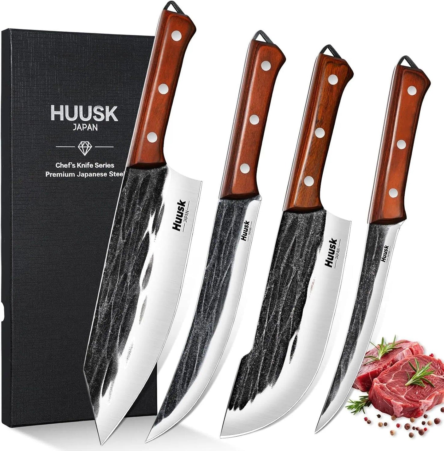 Huusk Butcher Knife Set, 4 PCS Hand Forged BBQ Knife Set for Meat Cutting, Sharp Meat Carving Breaking Knives with Ergonomic Handle, Gifts for Men Women