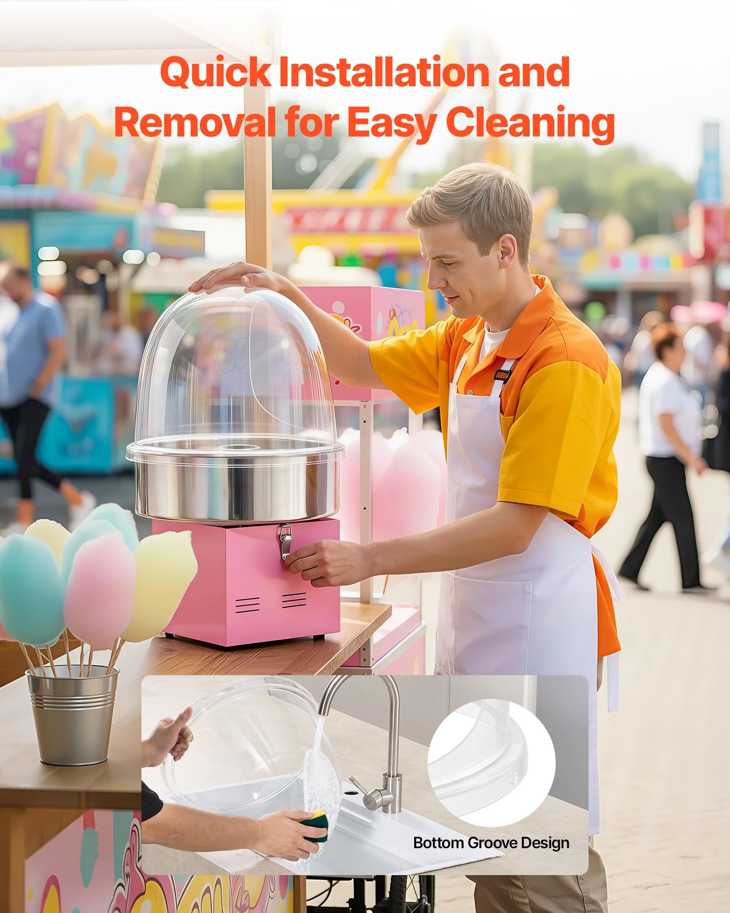 VEVOR 16 Inch Cotton Candy Machine Cover, Transparent Acrylic Dome Bubble Shield Compatible with 15inch Commercial Cotton Candy Floss Maker Bowl for Party, Shops, Bottom Groove Design
