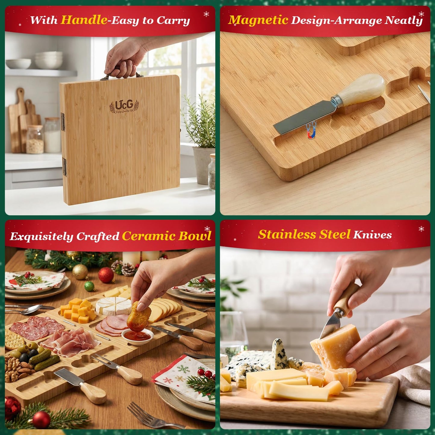 UTCG Charcuterie Board Gifts for Women: Bamboo Folding Cheese Board with Knife Set - Unique White Elephant Gift Wedding Housewarming Mothers Day Birthday Party Bridal Shower Gift