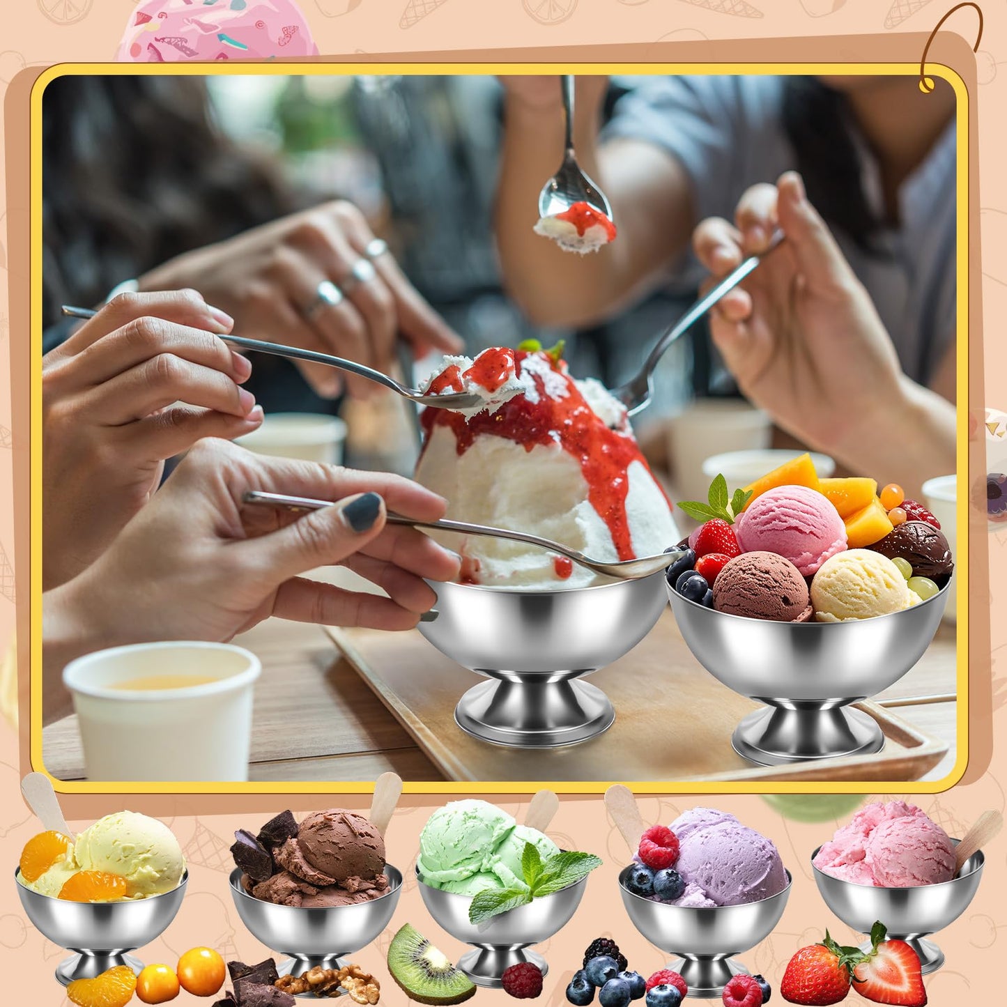 Honeydak 12 Set Stainless Steel Ice Cream Bowl with Forks Serving Dessert Cup Sauce Bowls Dish Metal Dessert Glasses Salad Holder Round Footed Yogurt Snack Candy Cups for Fruit Pudding(4 Inch)