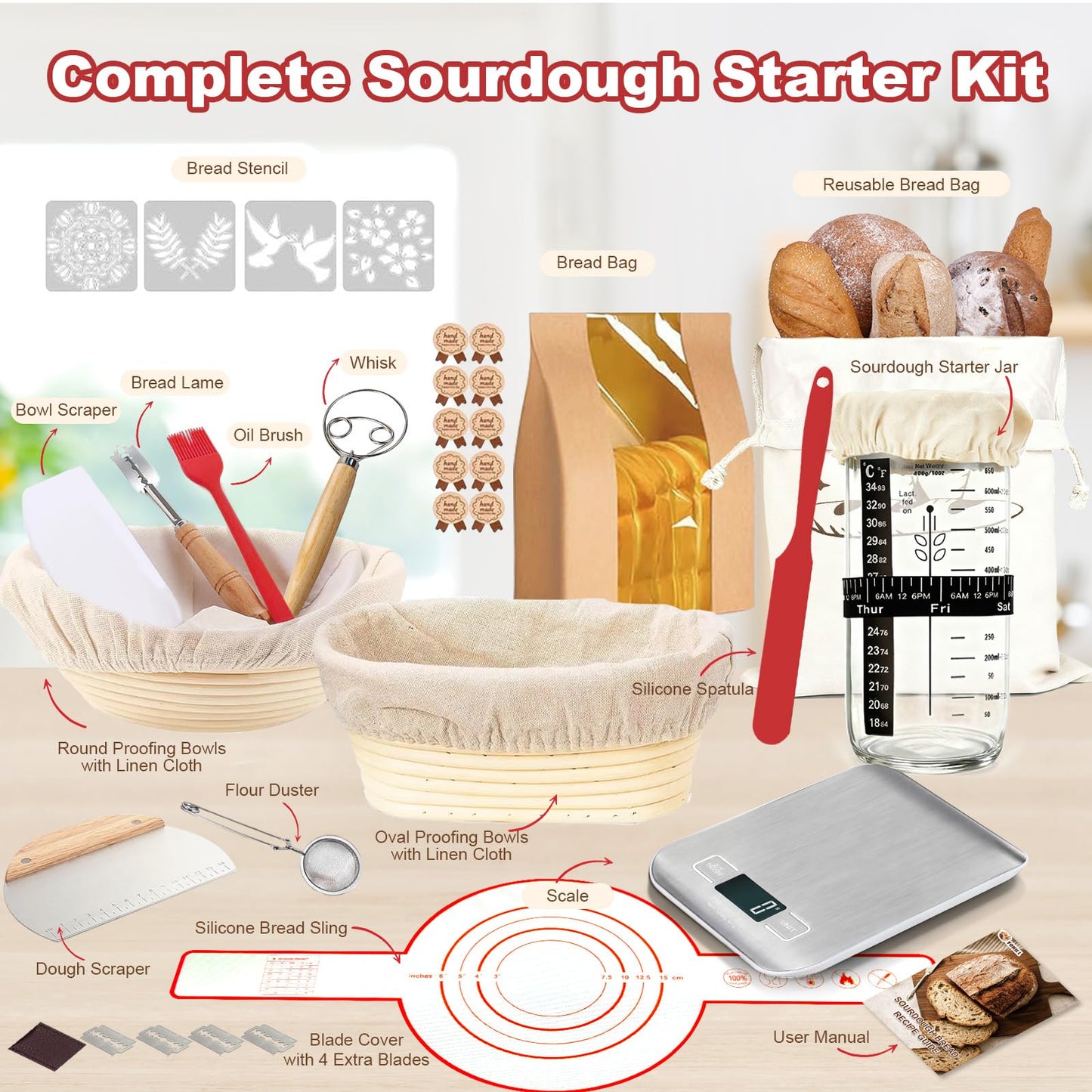 Sourdough Starter Kit with Scale, Glass Jar and Banneton Bread Proofing Basket - Complete Sourdough Bread Baking Supplies, Sour Dough Making Essentials Tools, Gift for Bakers Beiginner Women Wife Mom