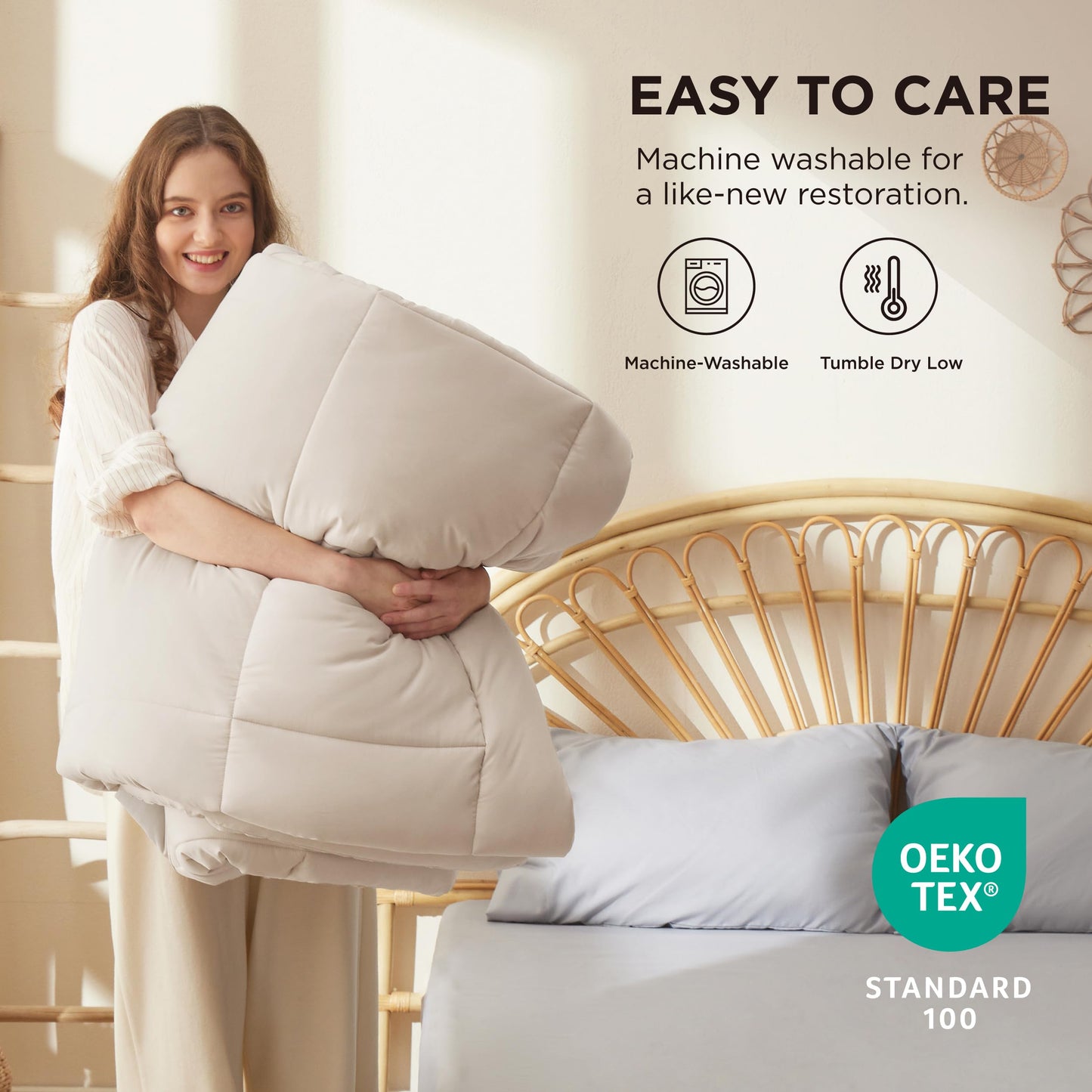 Bedsure Comforter Duvet Insert - Quilted Comforters Queen Plus Size, All Season Duvet, GentleSoft Down Alternative Bedding Blanket, with 8 Tabs, Gifts for Women/Men,Linen,Queen Plus 90 x 90 Inches