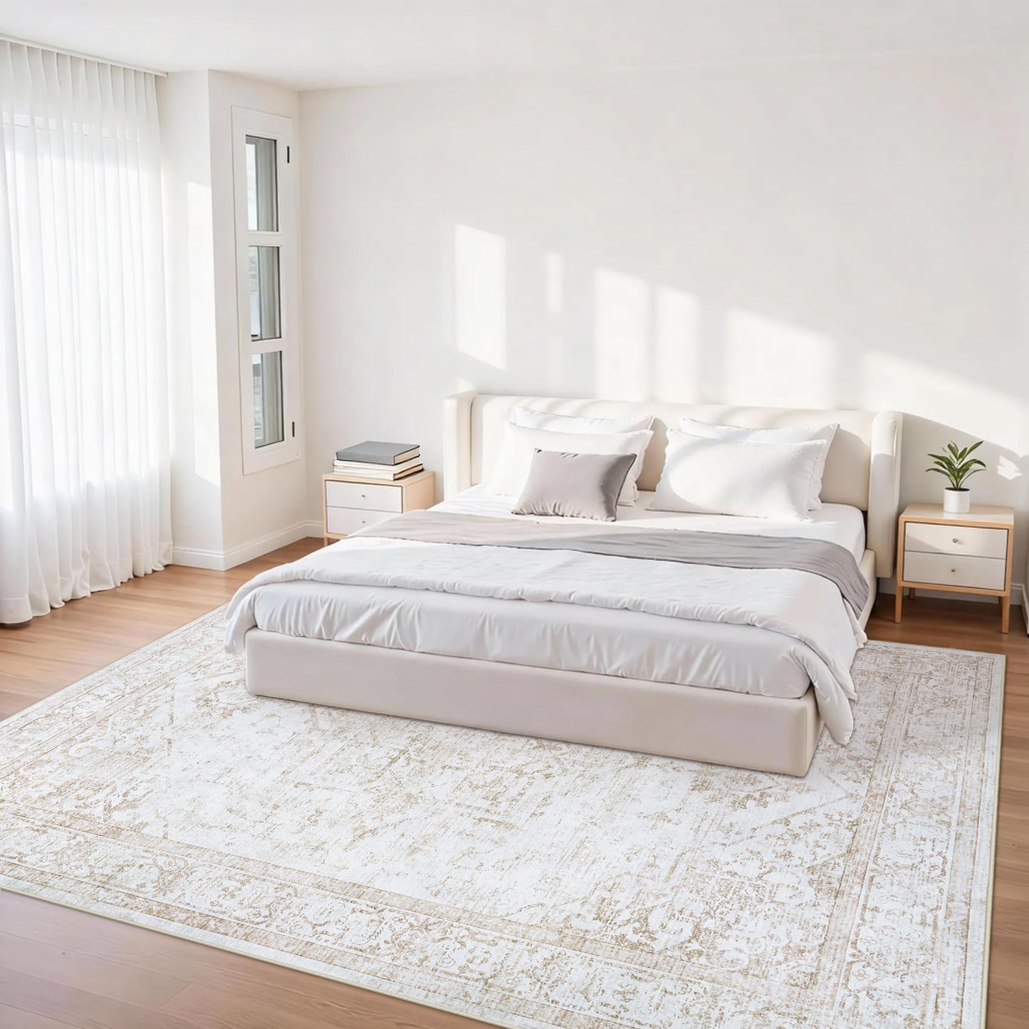 Area Rug 6x9 Living Room Rug Washable:No-Slip Vintage Medallion Rug Soft Low Pile Large Beige Rugs Indoor Retro Carpet for Living Room Kitchen Nursery Dining Table Office (Beige, 6'x9')