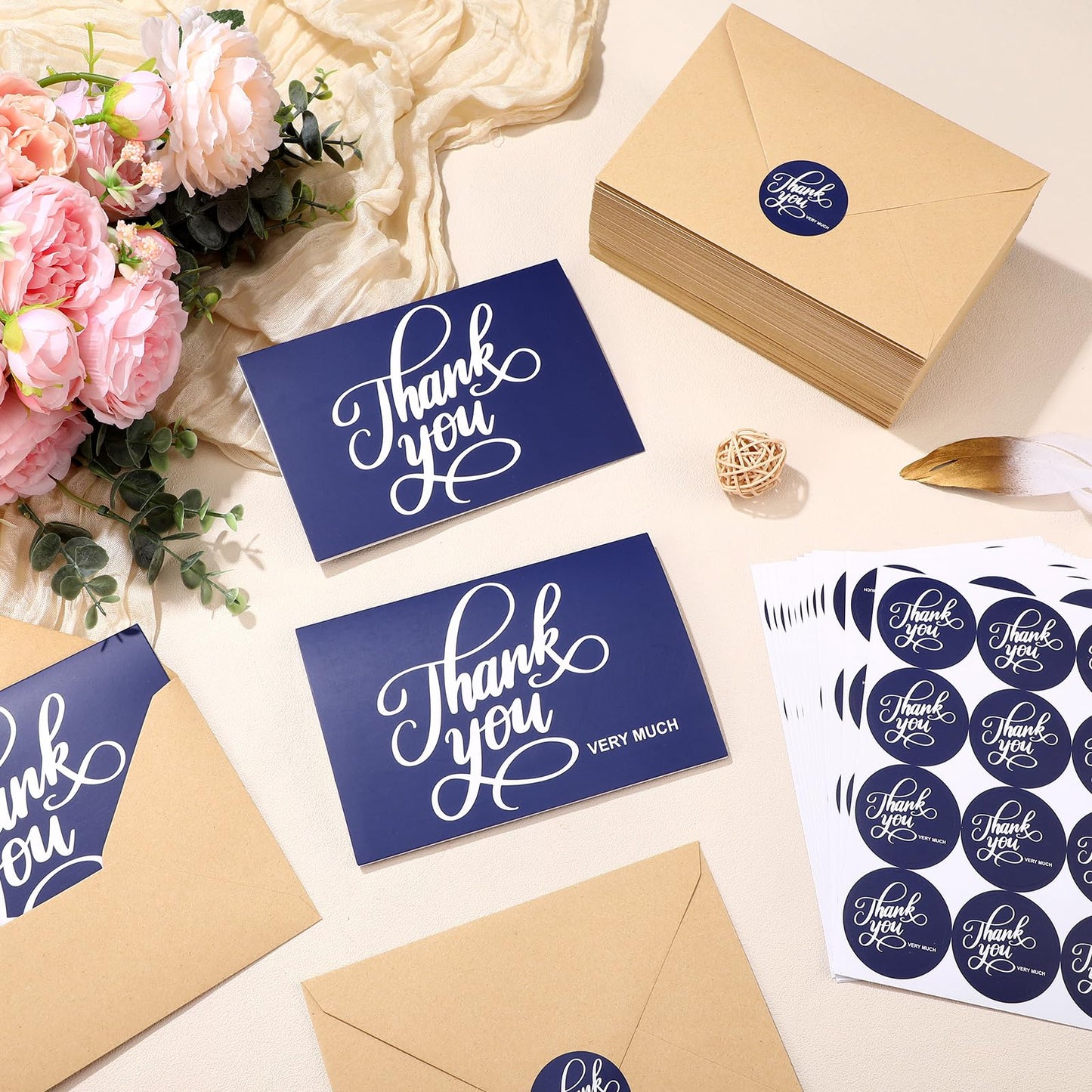 Fulmoon 200 Pack Navy Blue Thank You Cards with Kraft Envelopes Bulk and Stickers 4x6 Blank Thank You Notes for Wedding Small Business Baby Shower Bridal Shower Graduation Funeral(Navy Blue)