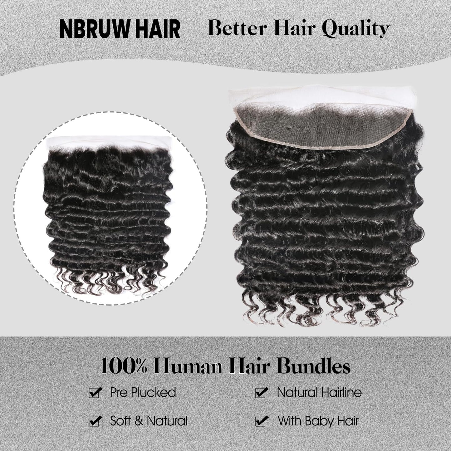 12A 13x4 HD Lace Frontal Human Hair 18 Inch Deep Wave Frontal Pre Plucked with Baby Hair 200% Density Ear to Ear 13x4 HD Lace Closure 100% Virgin Deep Wave Human Bundles Free Part Natural Black Color