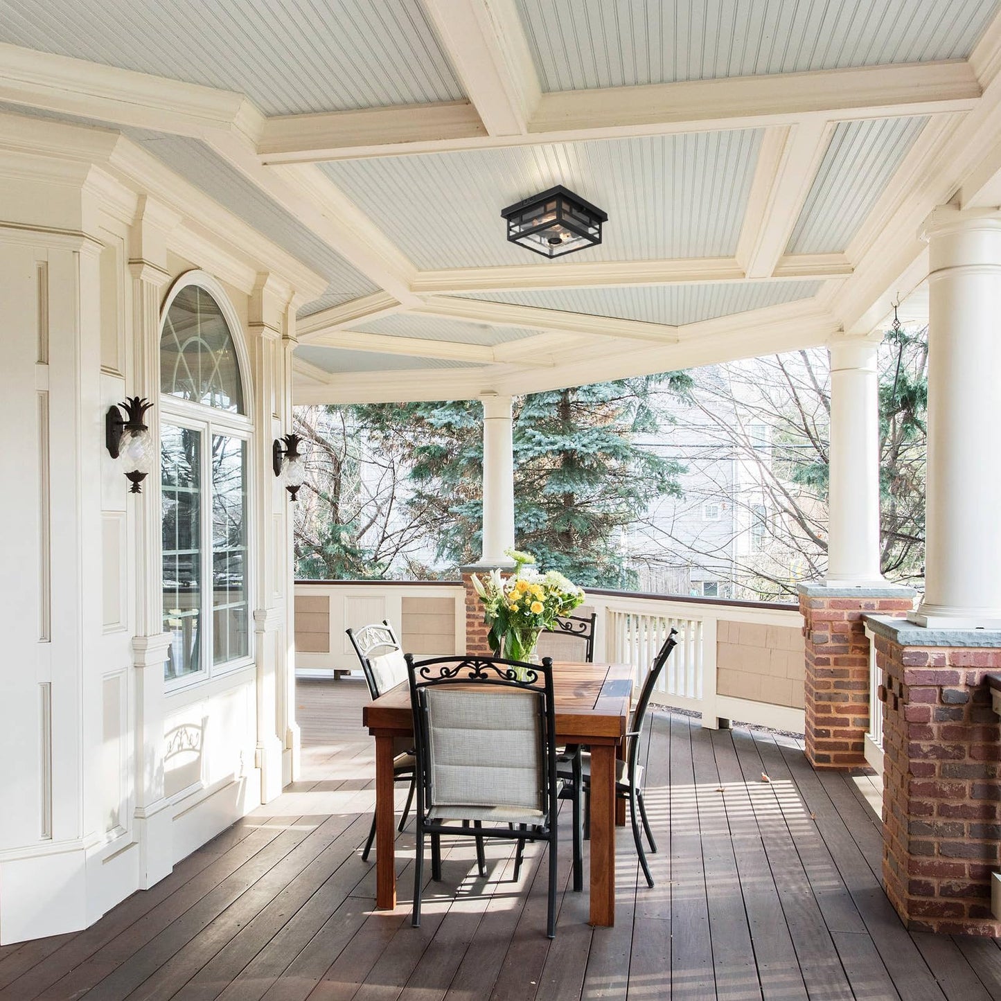 CALOKES Outdoor Flush Mount Motion Sensor Ceiling Light - Timeless Industrial Design with Seeded Clear Glass for Your Porch, Driveway, Covered Patio, Farmhouse, and Entryway