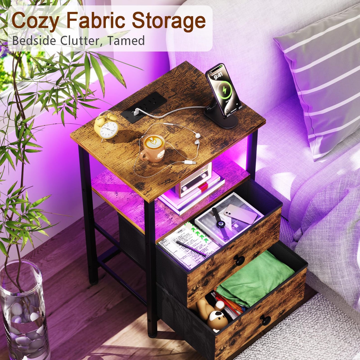 LOAKEKEL Night Stand with Charging Station, Small Bedside Table with USB Ports & Outlets, LED Nightstand with 2 Fabric Storage Drawers PU Finish for Bedroom, Brown, HETS02BR-1