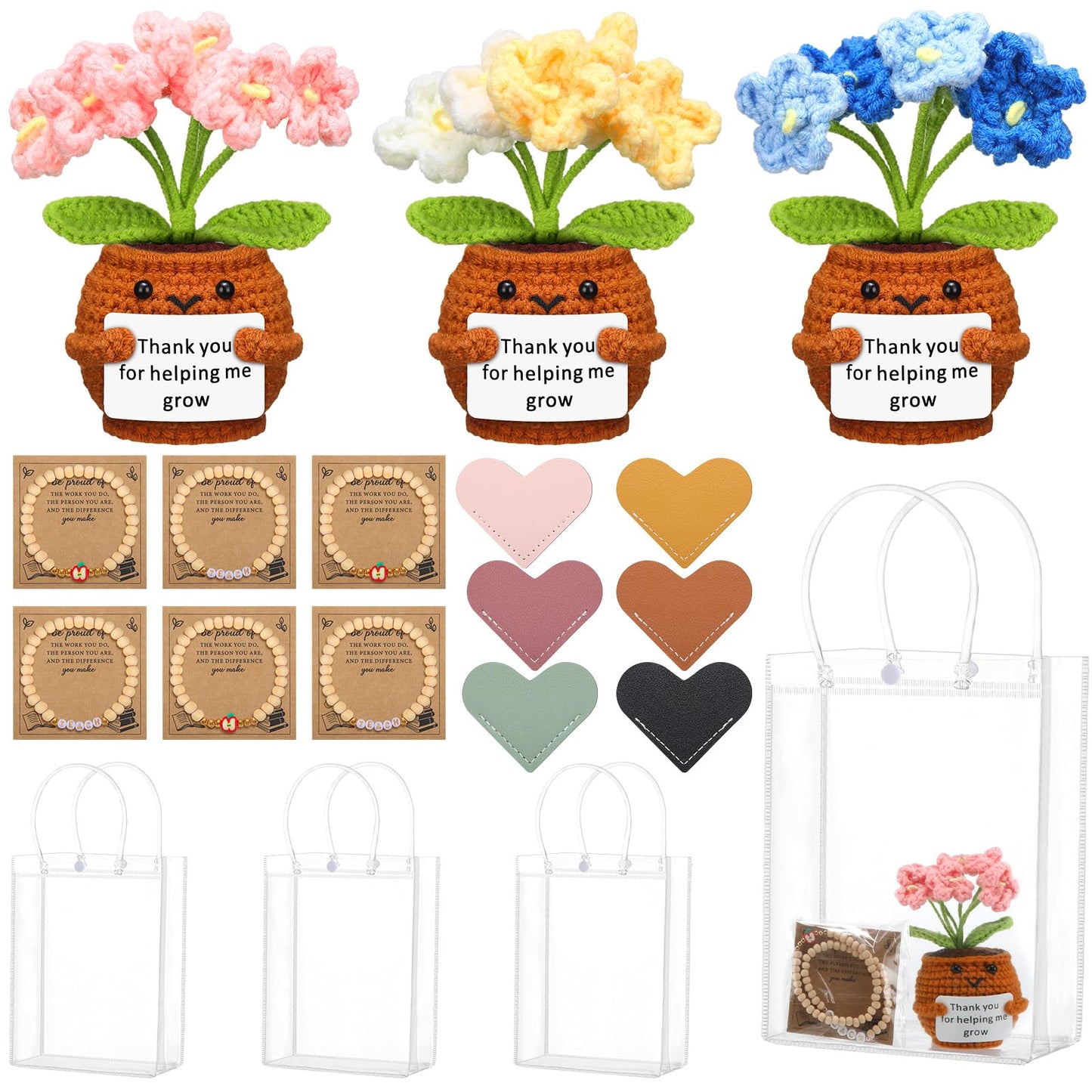 Wavwavw 3 Sets Teacher Appreciation Gifts Thank You for Helping Me Grow Crochet Doll with Card Bracelets Heart Leather Bookmarks Graduation Gift from Student Office Home Supplies(Forget Me Not)