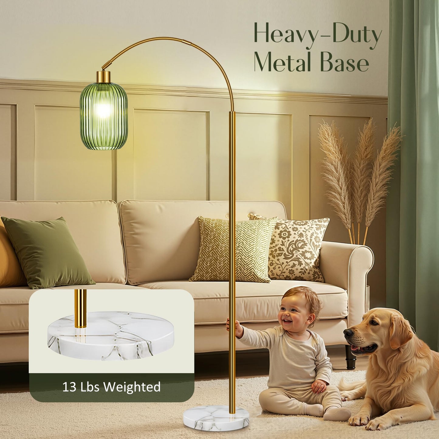 COTTHOS Floor Lamp for Living Room, Modern Gold Lamp with Ribbed Glass Lampshade Marble Base, 68” Glass Tall Lamp with Remote Control and Pedal Switch for Bedroom (6000K LED Bulb Included)