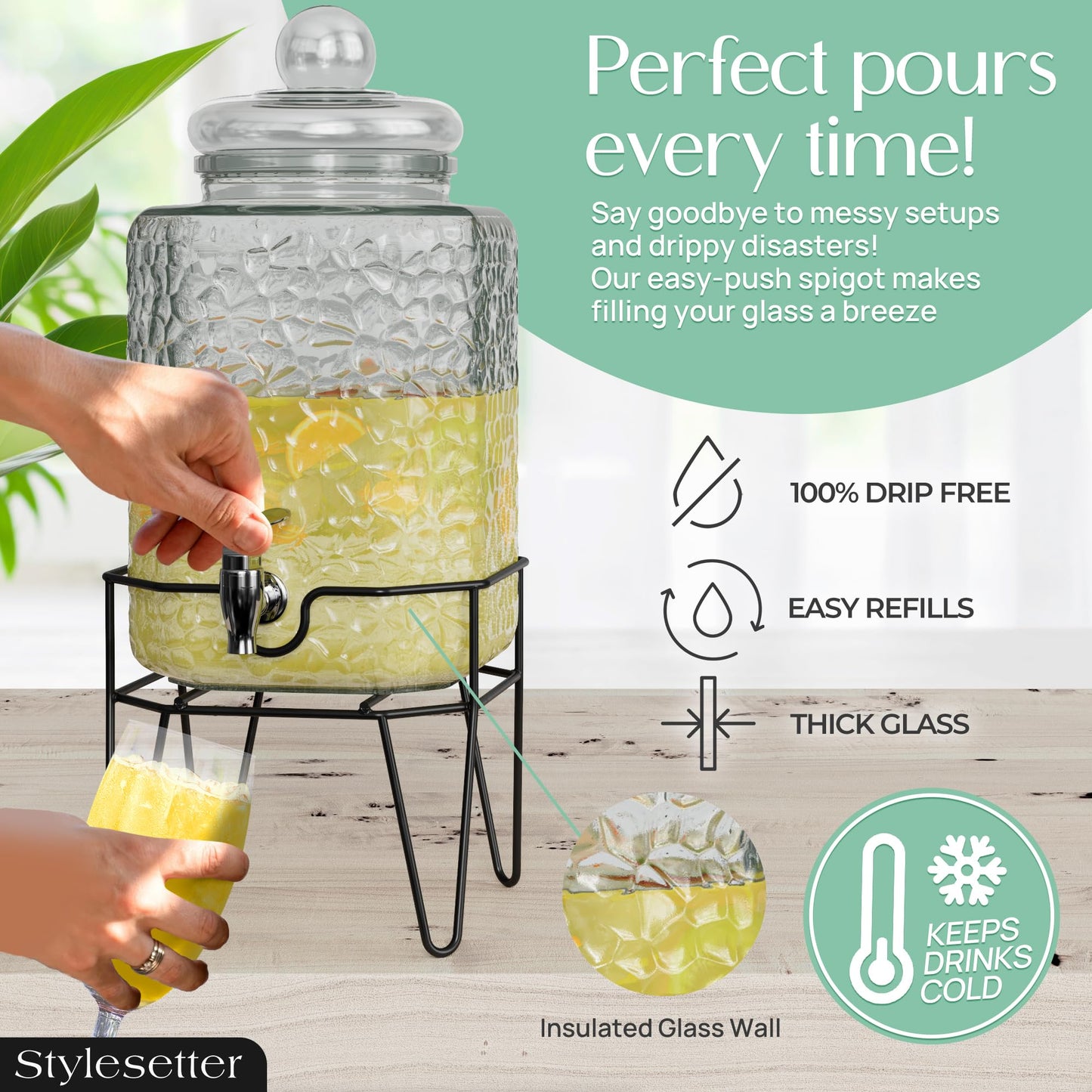Style Setter Premium Glass Drink Dispensers with Metal Stand for Parties – Beverage Dispenser Set for Cold Drinks, Lemonade, Cocktails, Juice – Party Glass Drink Dispenser Station, Set of 1-1.5 Gal