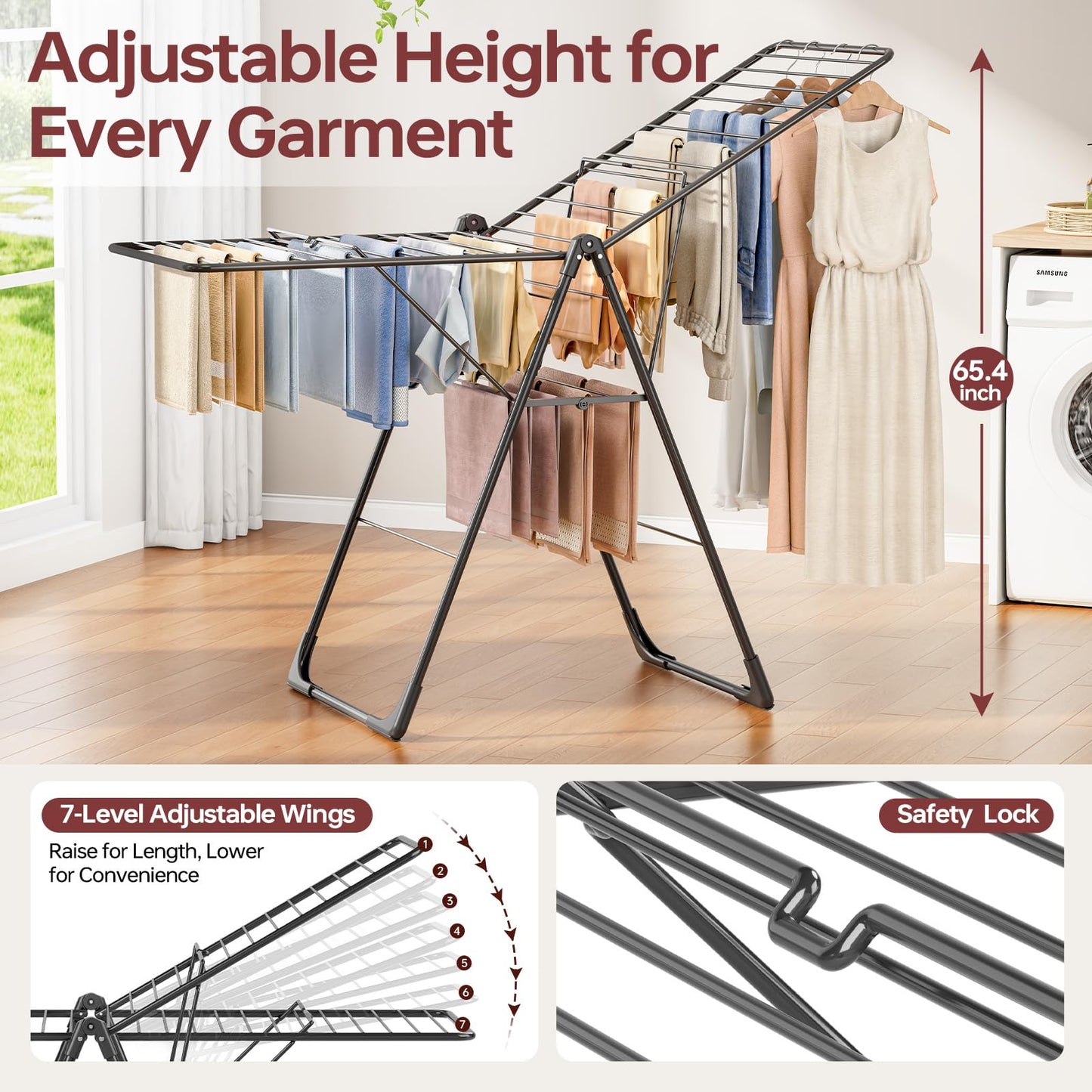 APEXCHASER Clothes Drying Rack, Foldable Oversized Drying Rack Clothing with L-Shaped Foot Cover, Height-Adjustable, Multi-Bar Laundry Rack, Indoor Outdoor Use, 20.4" D x 70" W x 42.52" H, Jet Black