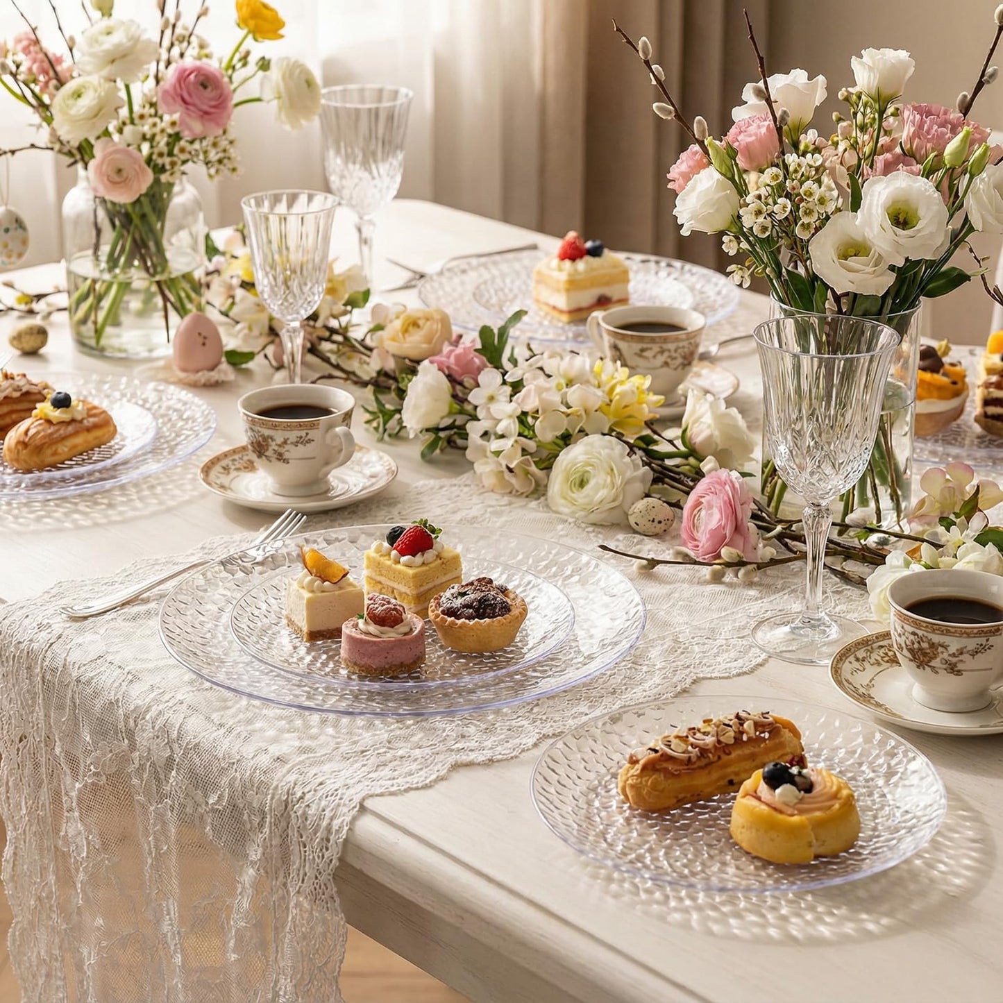 Rubtlamp 100Pcs Clear Plastic Plates, Heavy Duty Party Plates, Hammered Disposable Plates Include 50 Clear Fancy Dessert Plate, 50 Dinner Plate for Wedding Party