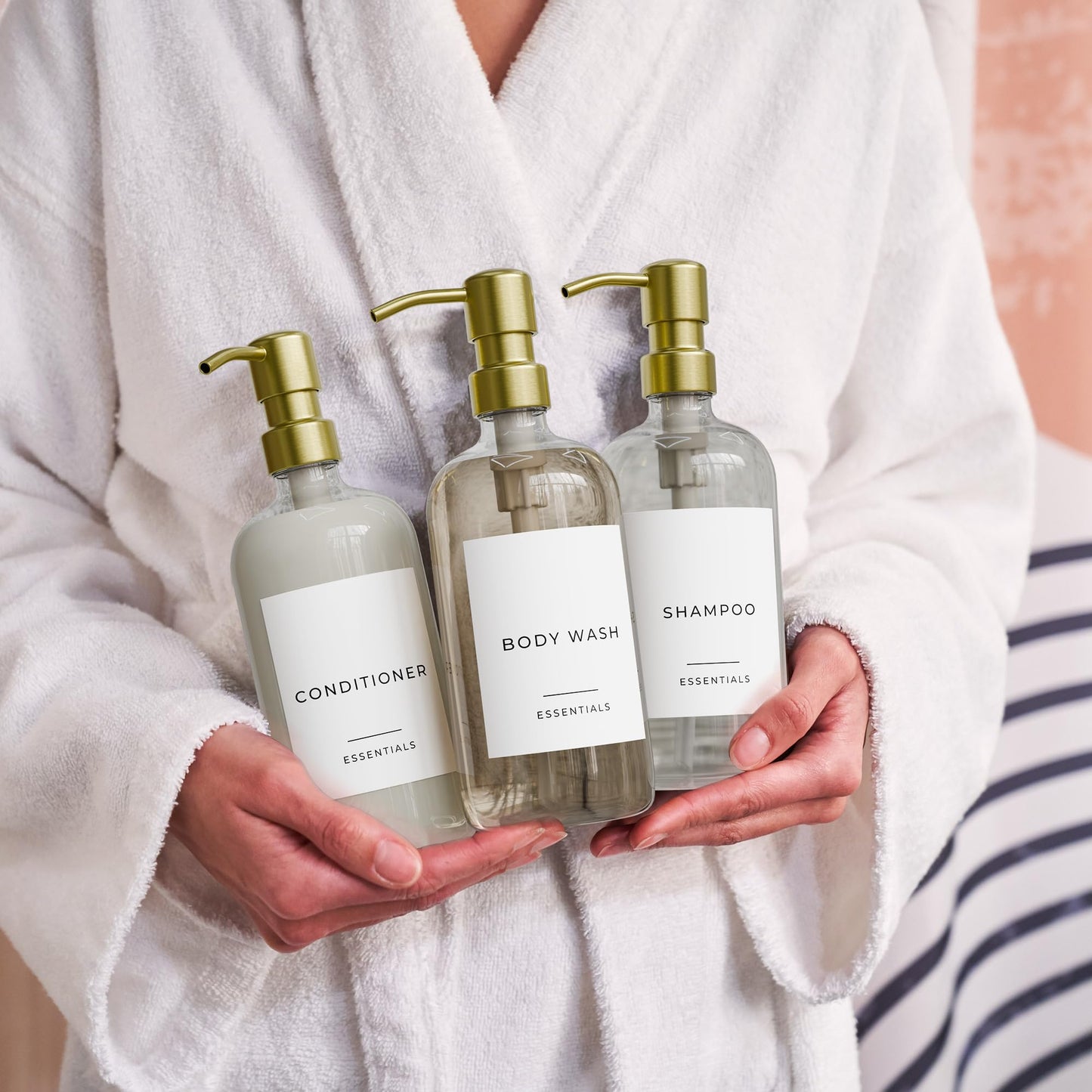 Stylish Shampoo and Conditioner Dispenser Set of 3 - Modern 21oz Shower Soap Bottles with Pump and Labels - Easy to Refill Body Wash Dispensers for an Instant Bathroom Decor Upgrade Clear