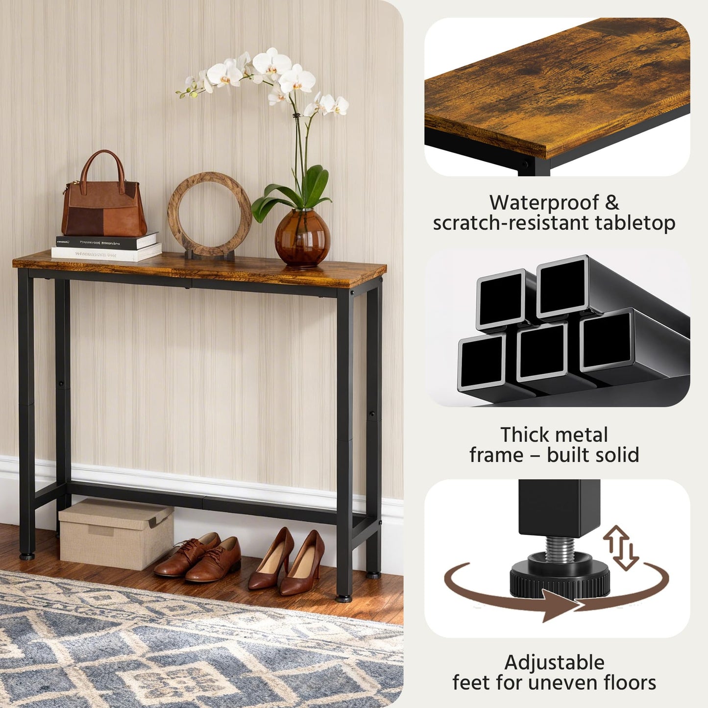 flevra 29.5 Inch Narrow Console Table, Small Entryway Table with Metal Frame, Skinny Sofa Table for Living Room Hallway Bedroom Foyer, Slim Hallway Shelf, Modern Entryway Furniture, Rustic Brown