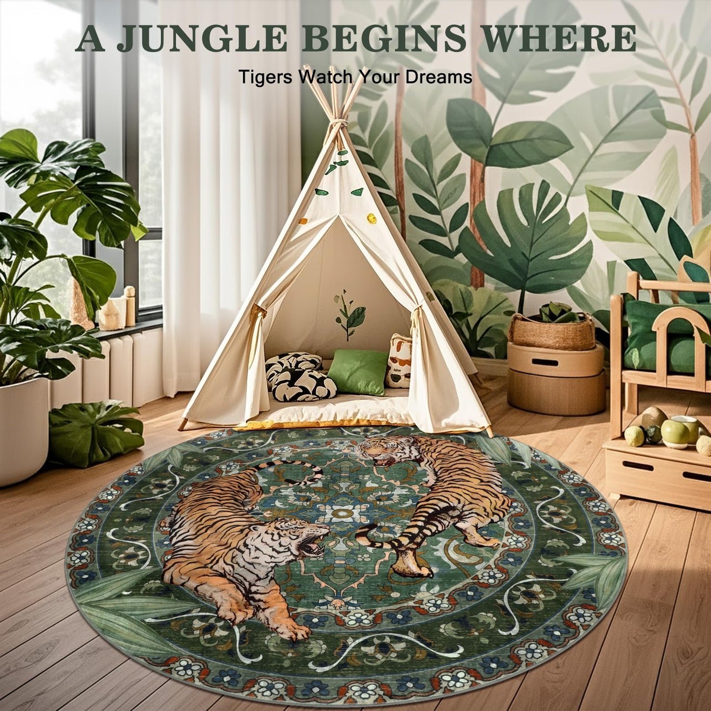 Geanlod Tiger Round Area Rugs for Living Room 6ft, Boho Green Animal Print Bedroom Circle Rugs Non Slip, Washable Botanical Jungle Floor Carpet for Dining Room Entryway Nursery Playroom Office Spring