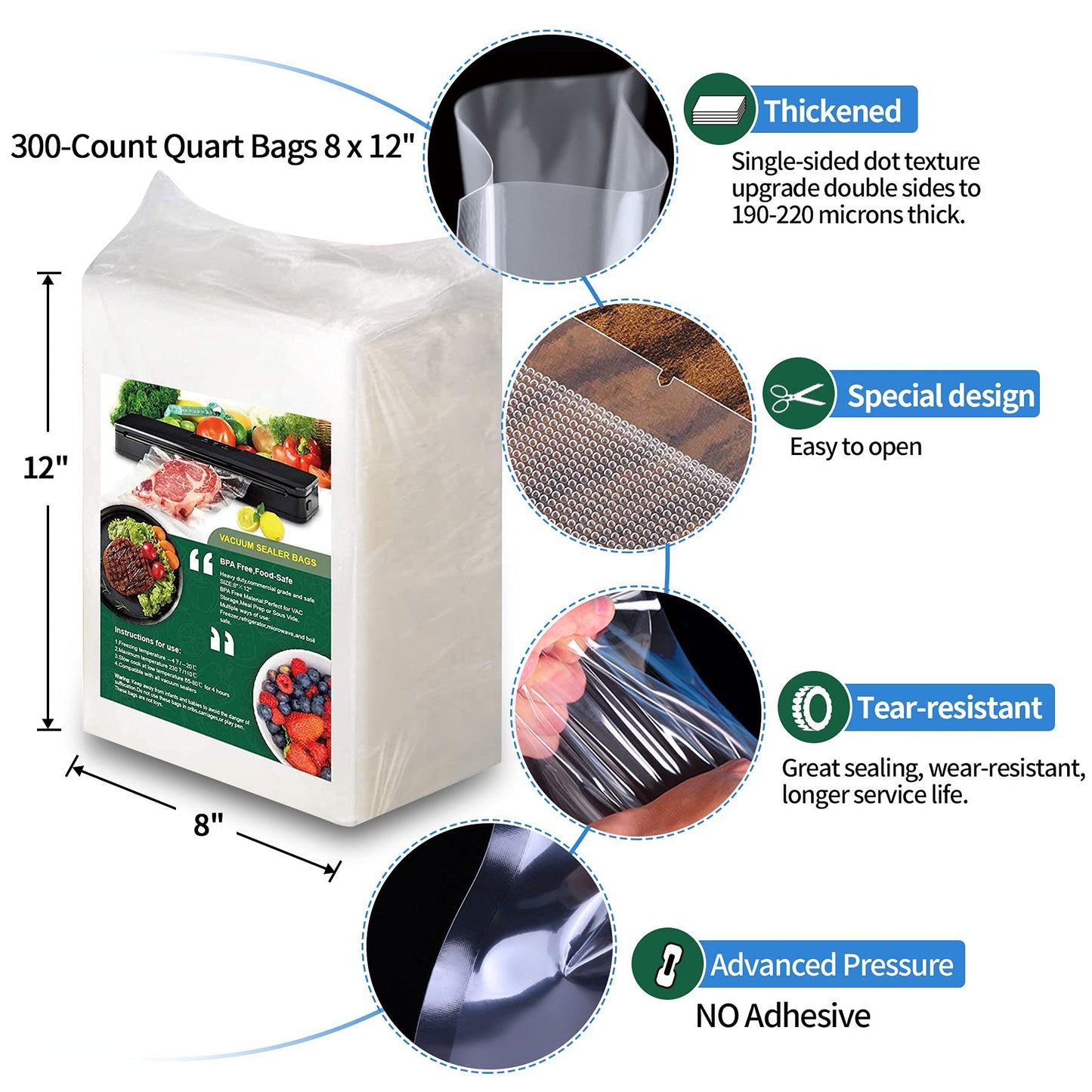 AENTGIU 300-Count Food Vacuum Sealer Bags 8 x 12 inch, Thick BPA-Free Sous Vide Bags Compatible with Most Vac Machines, Food Saver, Seal a Meal, Commercial Grade Quart Precut Meal Prep Storage Bags