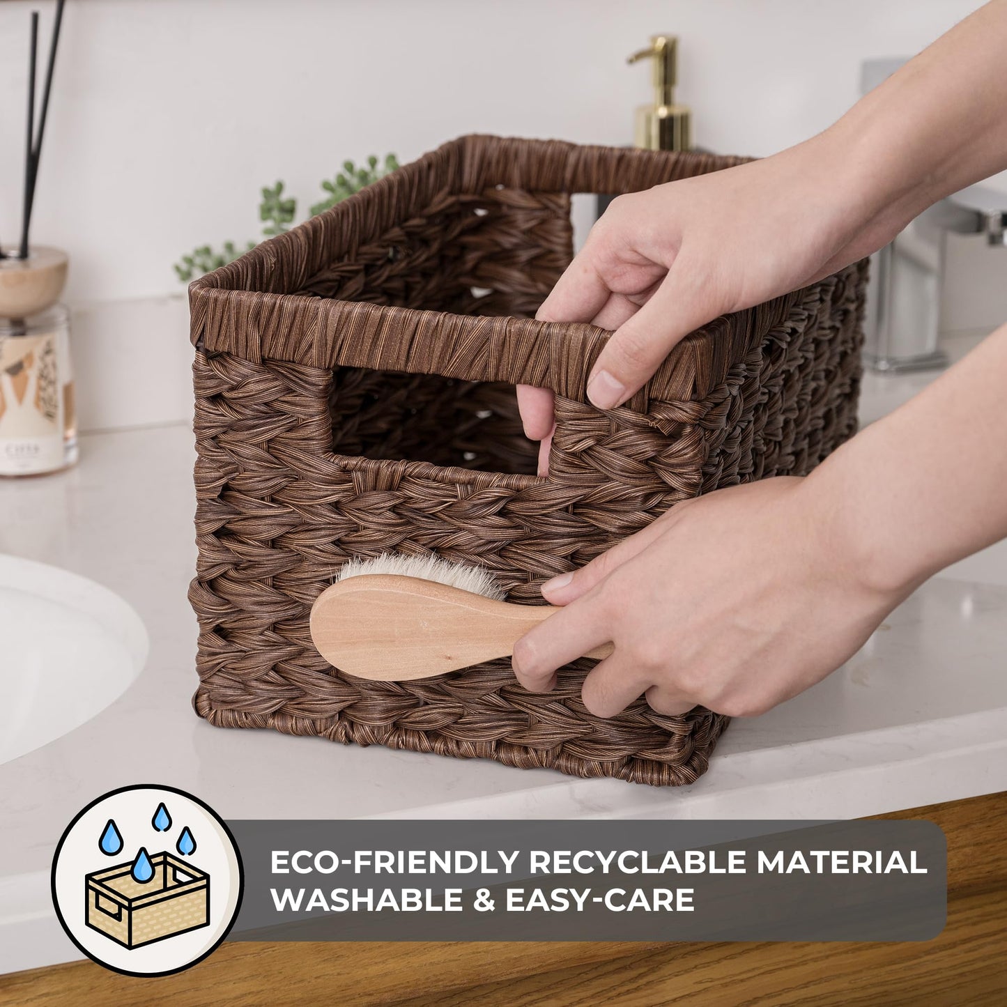 GRANNY SAYS Wicker Storage Baskets for Shelves, Wicker Baskets for Organizing, Waterproof Woven Basket for Pantry, Rectangle Basket for Shlef, Brown, 2-Pack