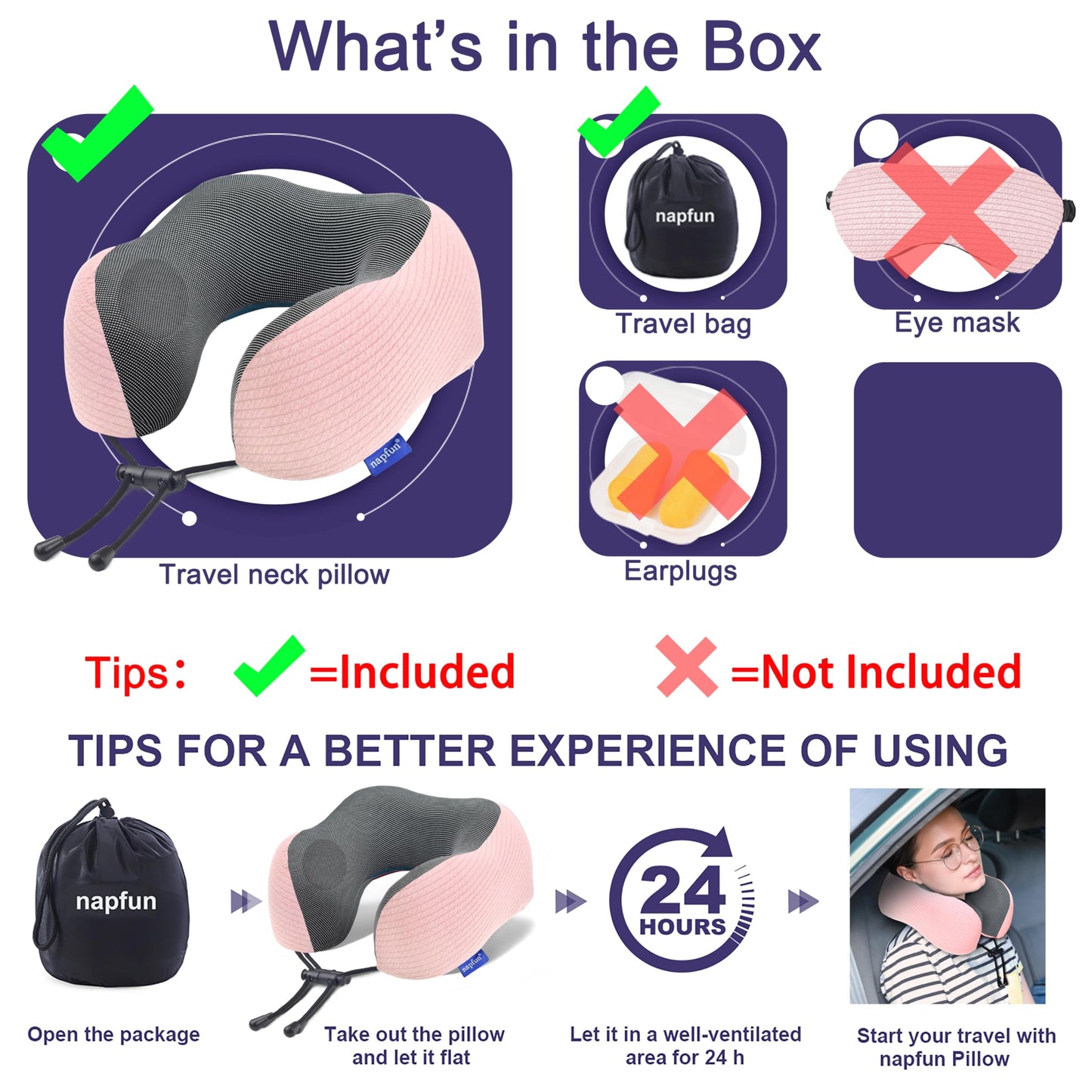 napfun Neck Pillow for Traveling, Upgraded Travel Neck Pillow for Airplane 100% Pure Memory Foam Travel Pillow for Flight Headrest Sleep, Portable Plane Accessories, Pink