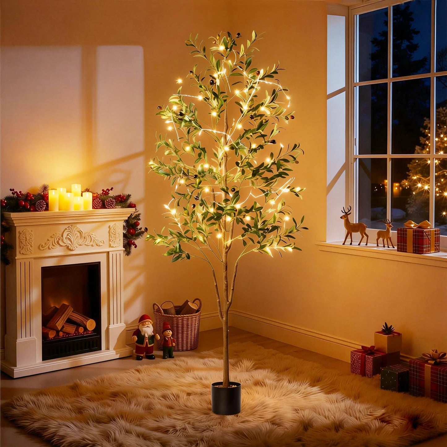 Olive Tree, 6FT Tall Faux Olive Tree with Moss and Planter, Olive Trees Artificial Indoor with Realistic Wood Trunk and Lifelike Fruits, Fake Olive Tree for Home Office Living Room Decor