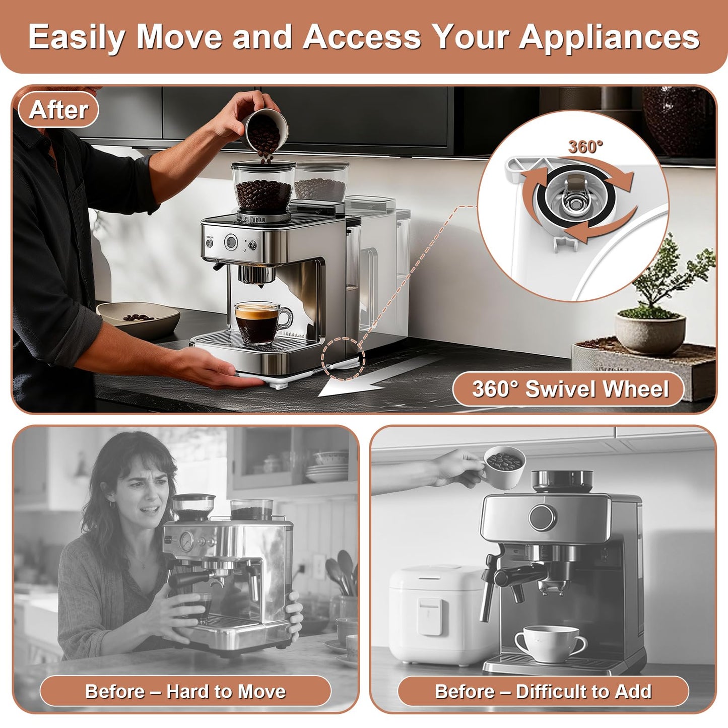 Adjustable Appliance Slider Tray - Expandable 6" x 11"- 11" x 20" Sliding Tray for Kitchen Appliances - 360° Countertop Rolling Tray with Locking Brakes for Coffee Makers Mixers