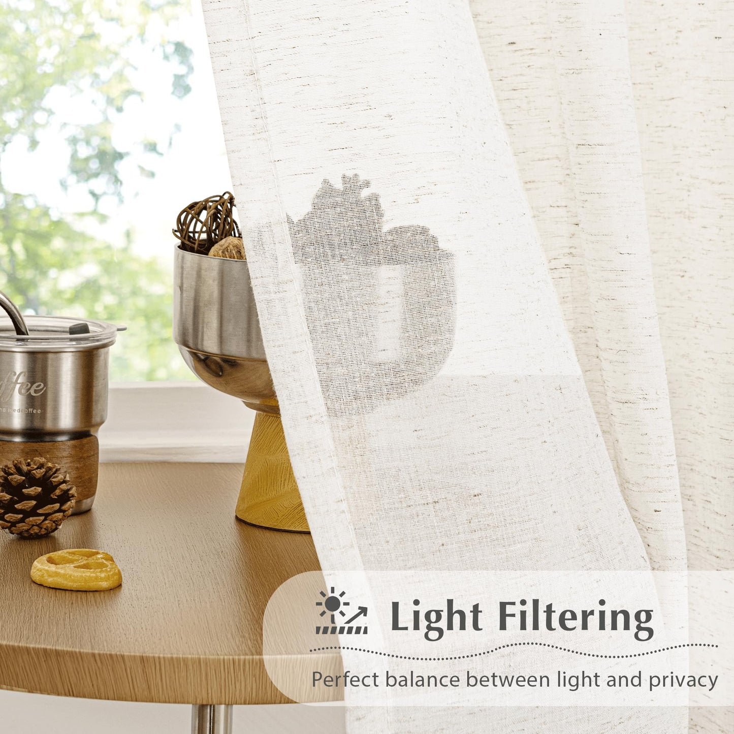 FMFUNCTEX Linen Sheer Pinch Pleated Curtains for Living Room, Linen Flax Beige 96 Inches Long Sheer Curtain Panels for Bedroom, Natural Back Tab Window Drapes for Farmhouse, Rod Pocket 2 Panels
