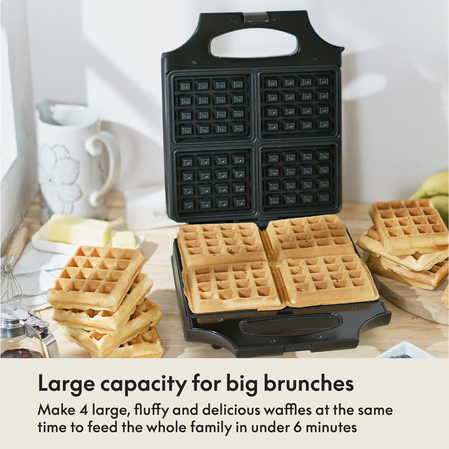 bella Waffle Iron - 4 Square Belgian Waffle Maker, Non-stick Extra Large Plates for Easy Cleanup - Compact Design, Stainless Steel, Black, 1400W