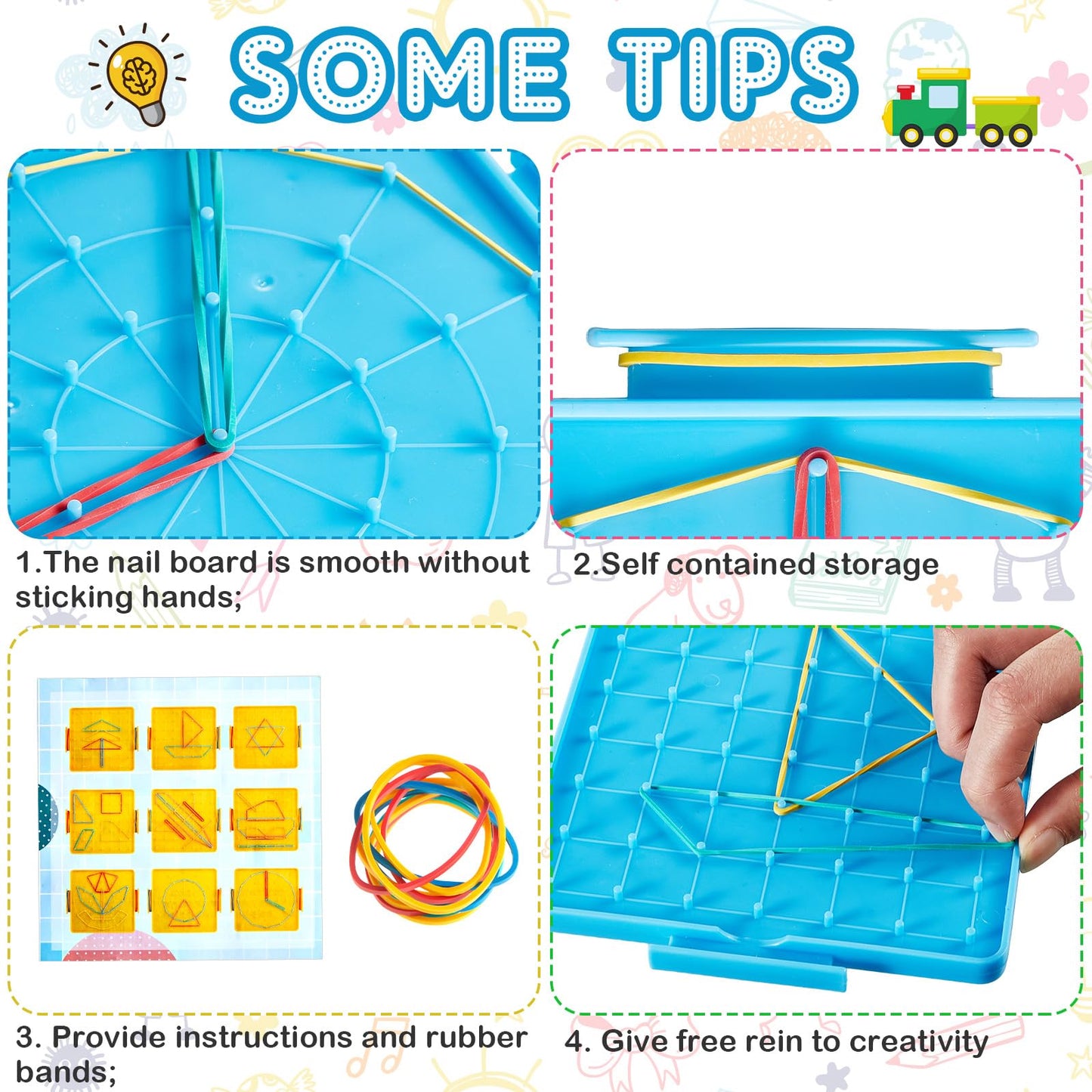 Deekin 50 Pcs Double Sided Geoboard Mathematical Kids Geoboards with Rubber Bands Math Manipulatives Toy for Geometry, 6.9 x 6.3 Inches Classroom Back to School