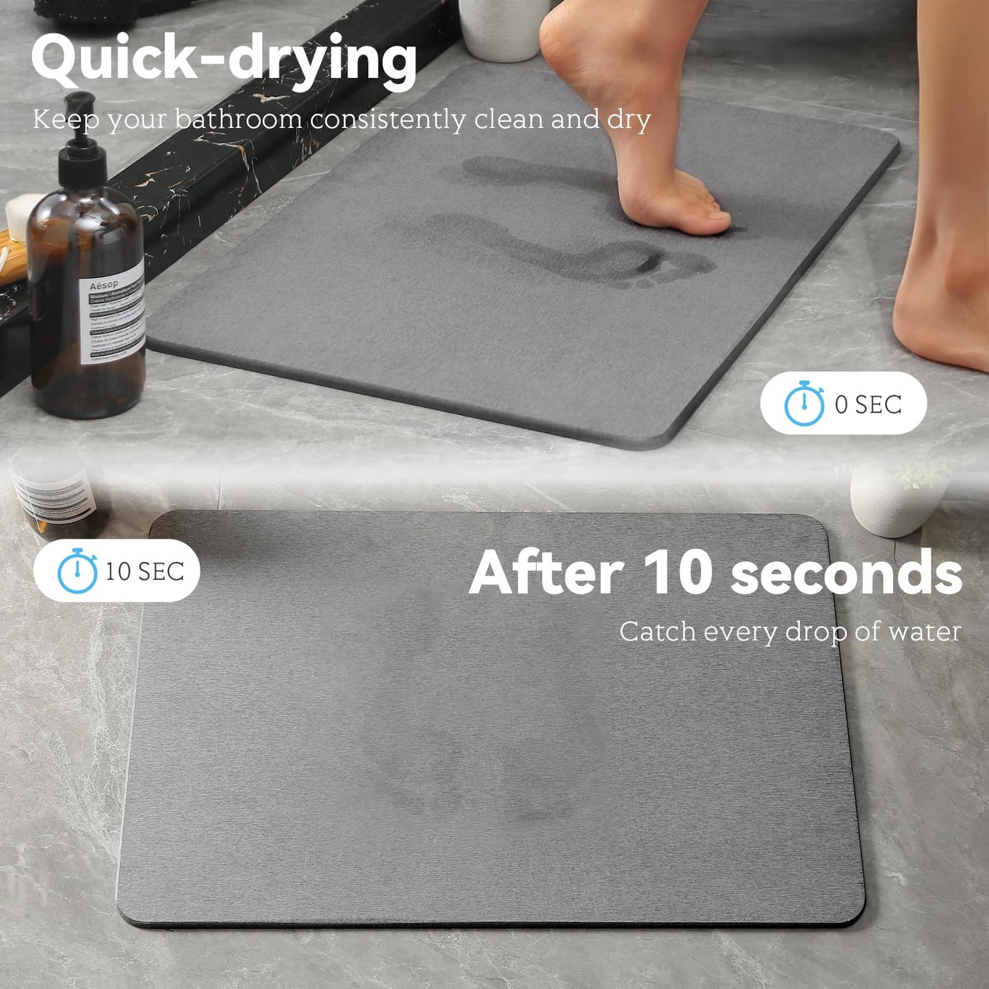 Realion Stone Bath Mat, Dries Quickly, Non-Slip Diatomaceous Earth Bath Mats for Bathroom, Super Absorbent Stone Shower Mat, Easy to Clean, 23.5" x 15.5" Dark Gray