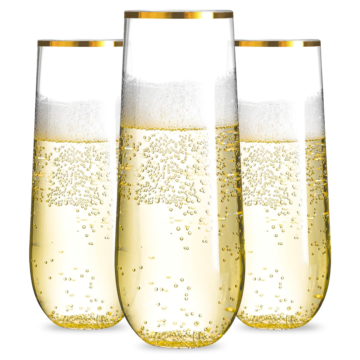 N9R 36PCS Plastic Champagne Flutes, 9 Oz Stemless Disposable Gold Rim Toasting Glasses, Crystal Clear Cocktail Cups Drinkware Shatterproof Ideal for Party Wedding Birthday