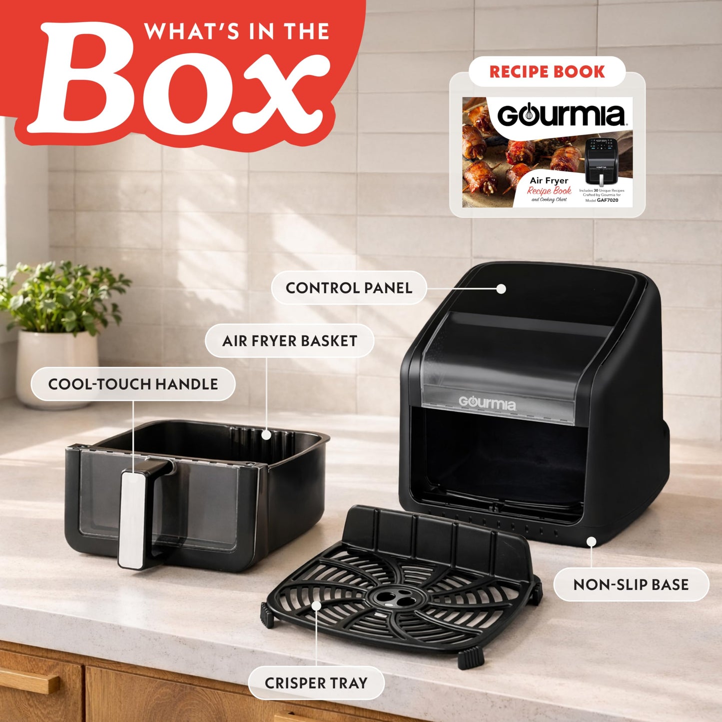 Gourmia Air Fryer 7 QT - Easy View Panorama Window & Interior Light, Guided Cooking with 12 One-Touch Presets, FryForce 360, Dishwasher Safe Accessories, Black