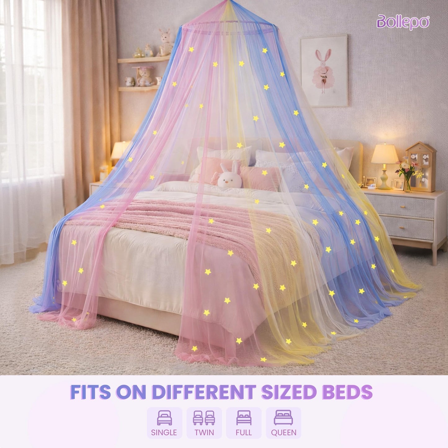 Bollepo Bed Canopy for Girls with Glowing Stars - Canopy Bed Curtains | Fits Single, Twin, Full, Queen Size Kids - Princess Bed Canopy | Rainbow Bedroom Accessories, Netting Room Decor, Ceiling Tent
