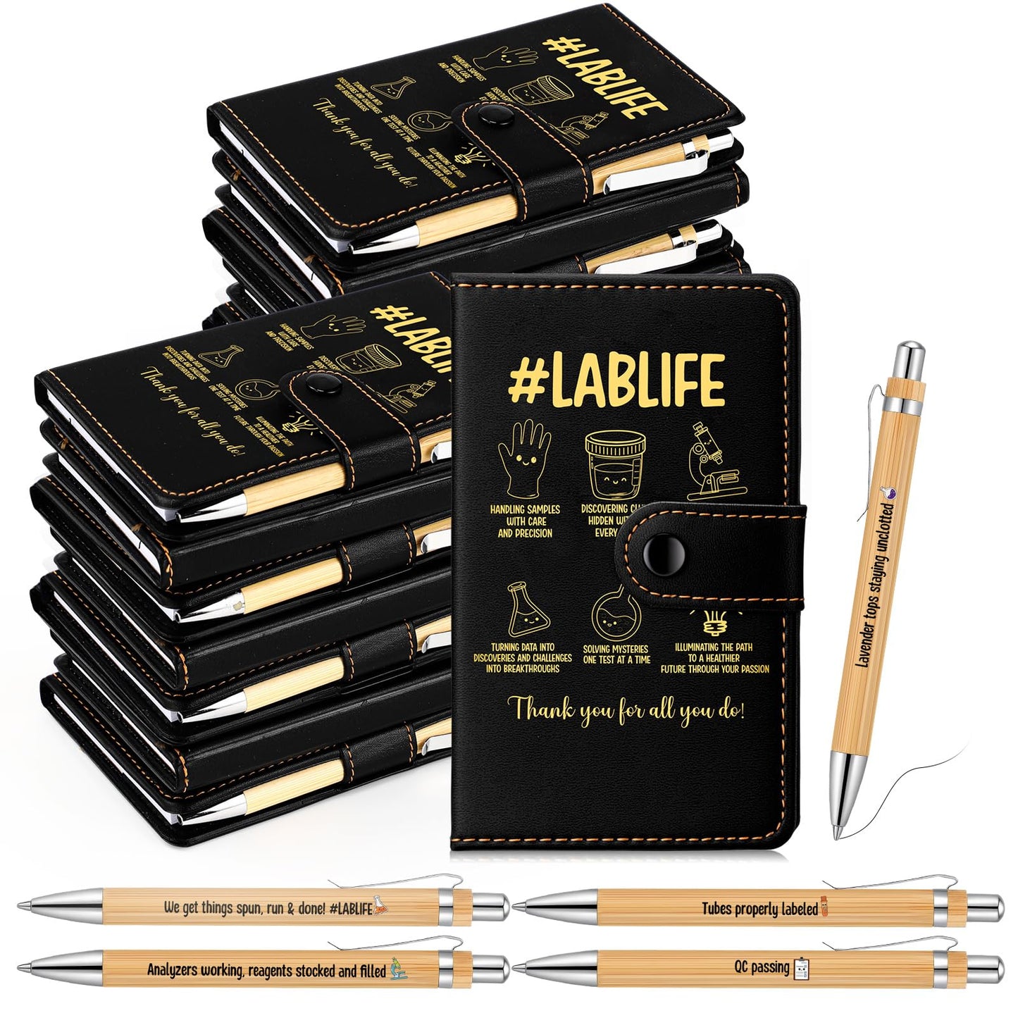TaoBary 20 Sets Medical Lab Week 2026 Thank You Gift Bulk Black A6 Leather Notebook Journal with Bamboo Pens for Laboratory Tech Professionals Scientists Chemistry Office Supplies (Lab Stylish)