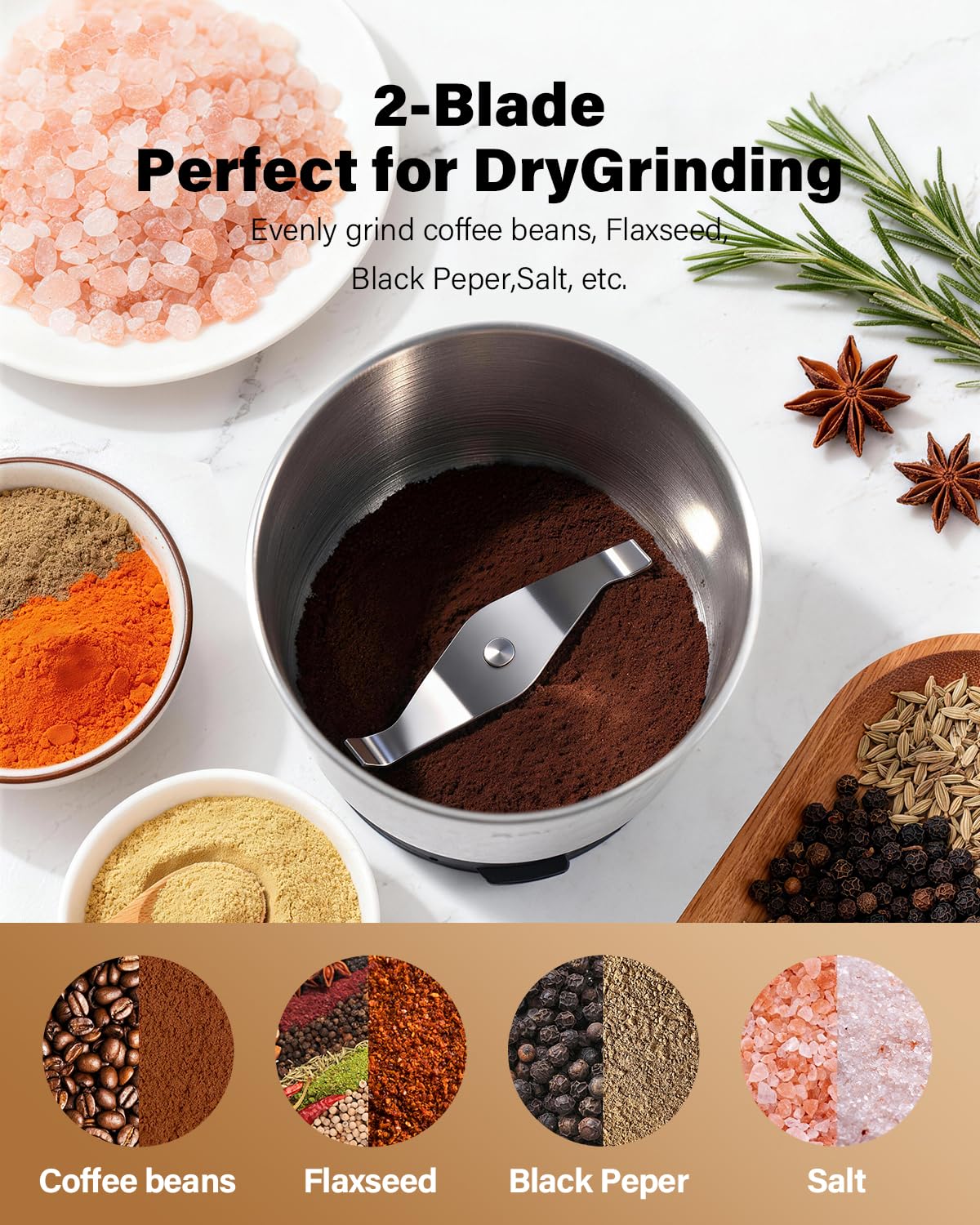 SHARDOR Coffee Grinder Electric, Spice, Herb, Grinder for Coffee Bean Spices and Seeds with 2 Removable Stainless Steel Bowls, Black