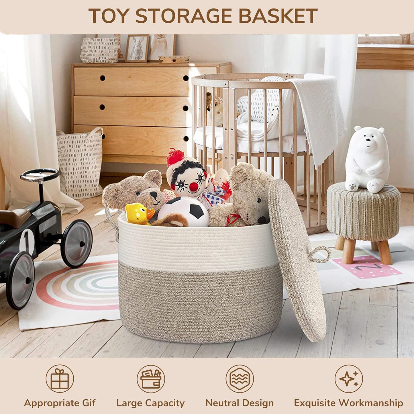 Echueuey 21" x 18" Extra Large storage baskets,Decorative blanket basket with lid for Living room,rope baskets with lid,wicker hamper for bedroom,Big,Round,White & Brown 115L