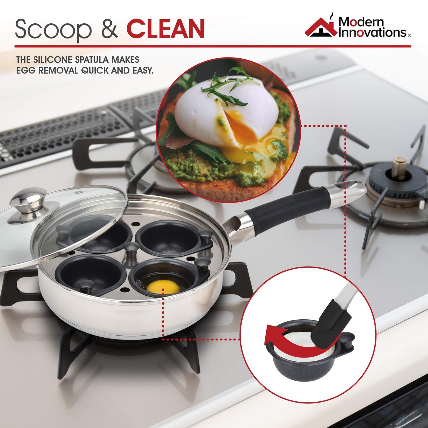 Modern Innovations Egg Poacher Pan for Perfect Poached Eggs, Nonstick Cups Poached Egg Maker Pan, Stainless Steel Easy Egg Cooker, Poaching Eggs Benedict Maker, Silicone Spatula