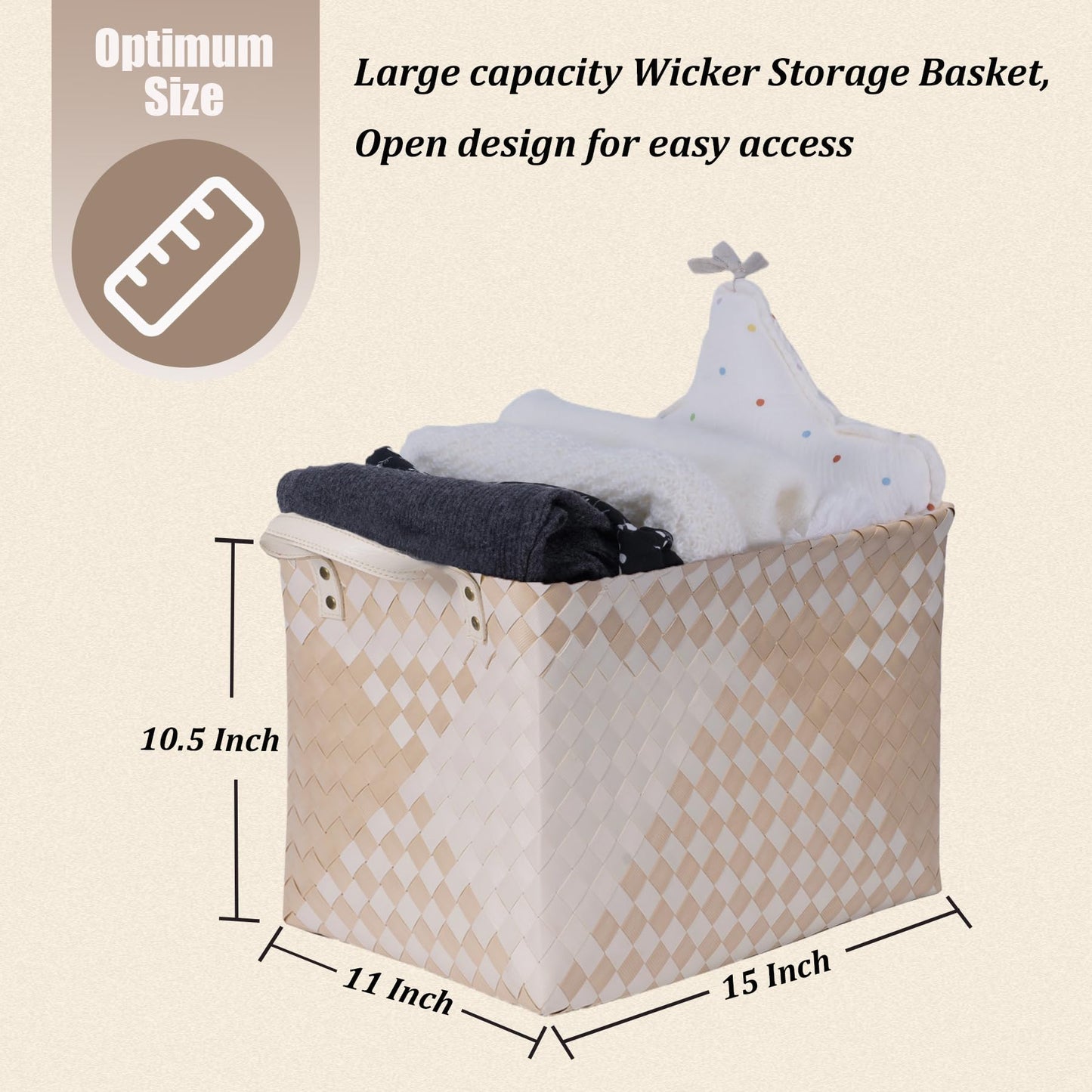 BROWNLILY Handwoven Clothes Basket Laundry Hampers Large Wicker Storage Baskets for Shelves Blankets Closet Storage Bins Car Bedroom Bathroom Organizers and Storage (Pack of 4, Khaki & Ivory White)