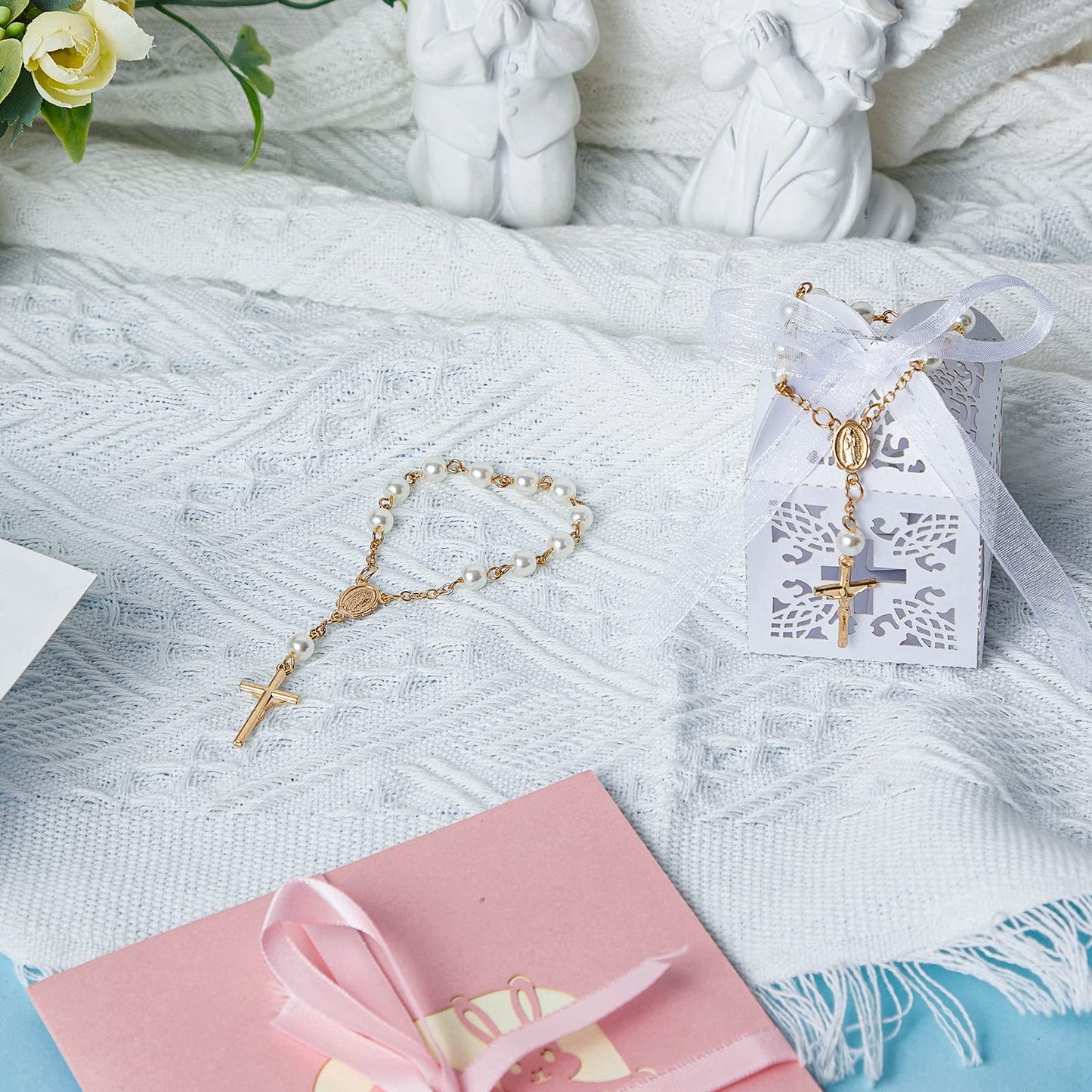 Bonuci 50 Packs Baptism Favors Set Acrylic Rosary Beads Faux Pearls with Organza Bags and Cross Baptism Favor Boxes Recuerdo De Boda Y Bautizo for Christening Weddings Party Favors(Gold,Pearl)