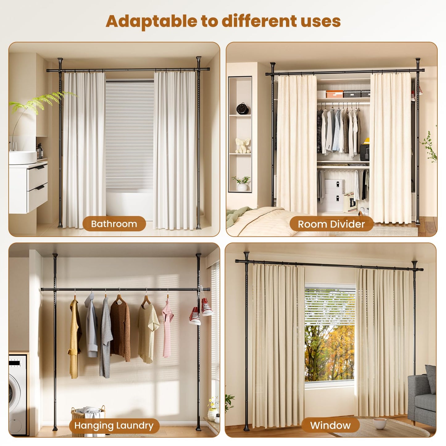 Abiglifty Room Divider Curtain Rods No Drilling, Adjustable 4-10Ft(H) Wall Divider for Room Separation, Temporary Privacy Tension Curtain Rods, Freestanding Space Room Separator, Black